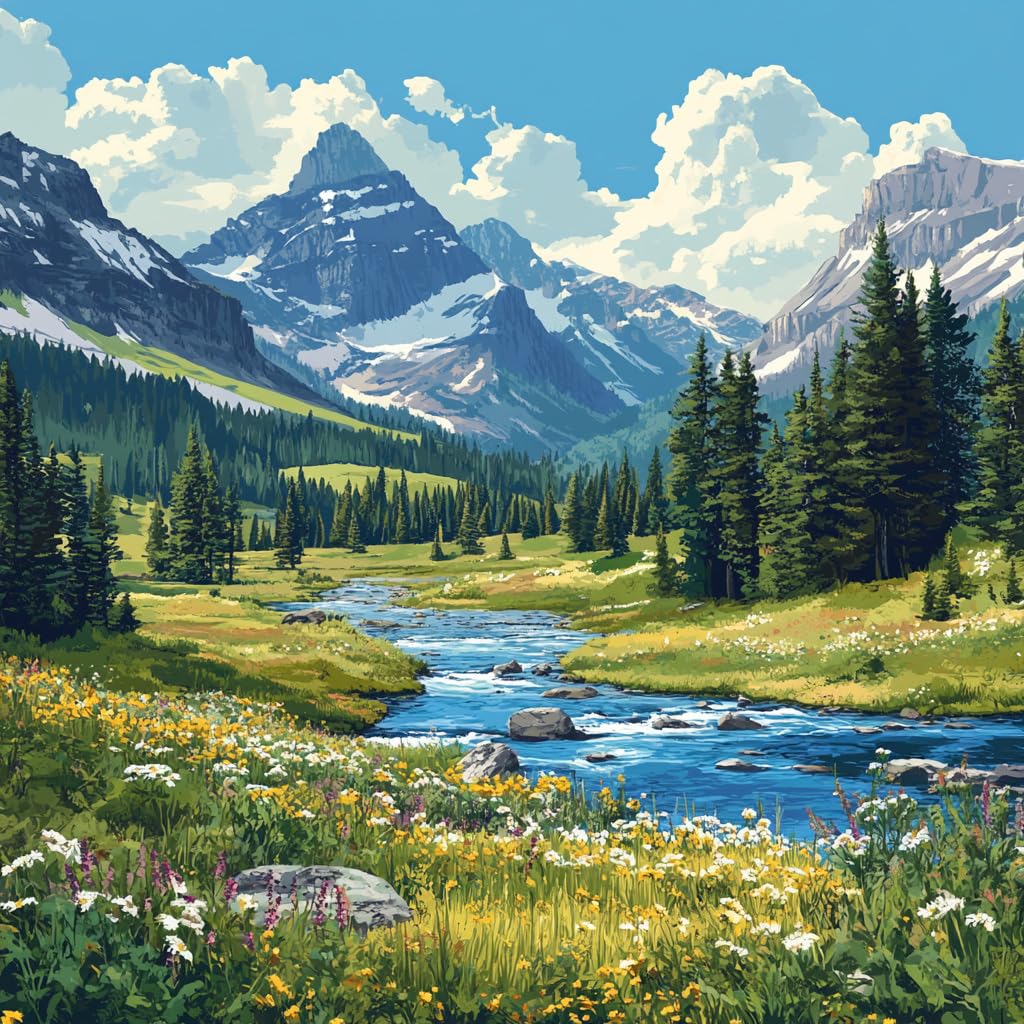 Moohue 14ct Counted Cross Stitch Kits for Adults Mountains River Flowers Printed Stamped Cross Stitch Patterns Kits Cross Stitch Supplies (Mountains River Flowers)