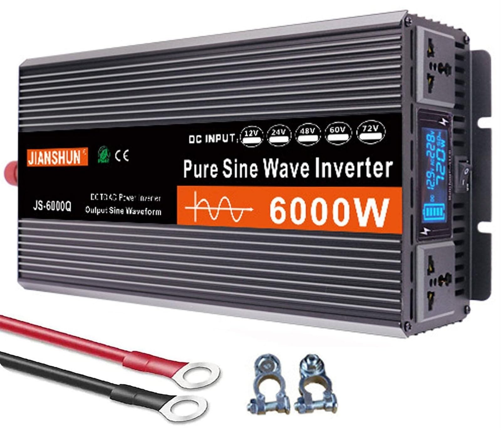 Pure Sine Wave Inverter 3000W/4000W/5000W/6000W, DC 12V/24V/48V/60V/72V to AC 110V/220V/240V, Solar Power Converter with AC Outlets & LCD Display for Home & Camping