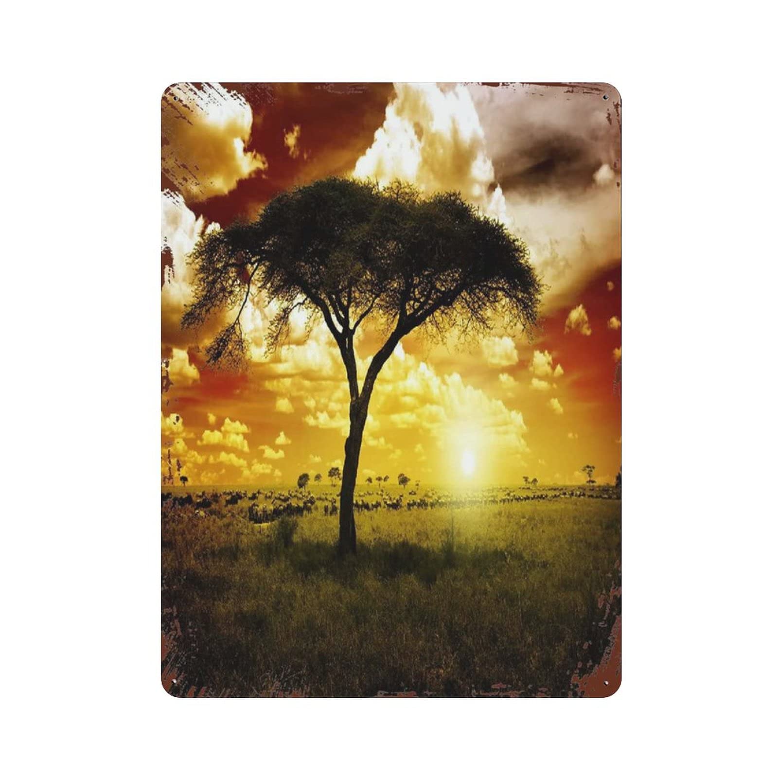 Metal Tin Sign Africa Sunset Vintage Tin Poster Metal Sign Wall Decoration Country Kitchen Home Garage Decor 16"x12"