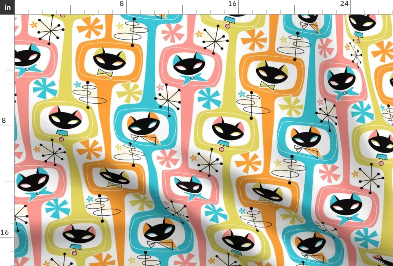 Spoonflower Fabric - Atomic Cats Midcentury Stars Retro Cartoon Fun 60S Pets Printed on Chiffon Fabric by The Yard - Sewing Fashion Apparel Dresses Home Decor