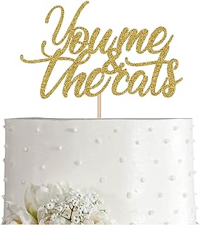 You Me And The Cats Cake Topper, Gold Glitter Cat Lovers Anniversary Wedding Cake Topper