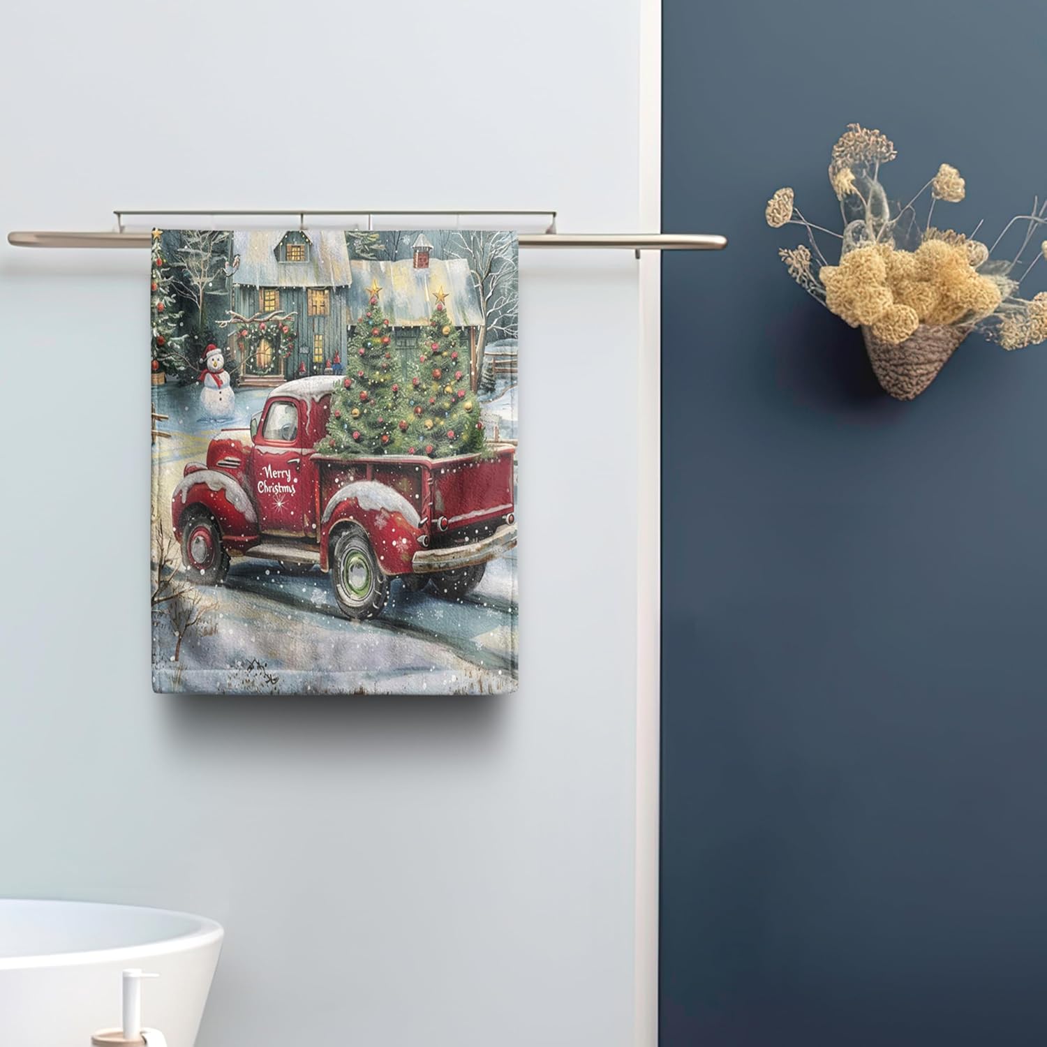 Christmas Red Truck with Xmas Trees Hand Towels 14.4x28.3 Merry Christmas Towels Set of 2 Red Truck Kitchen Towels Absorbent Quick Dry Face Fingertip Towels for Bathroom Kitchen Hotel - Image 5