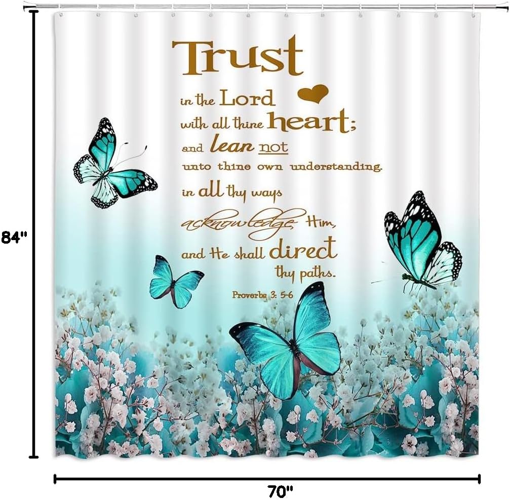 GCTNBJL Inspirational Quote Shower Curtain Teal Flower Butterfly Trust in The Lord Motivational Words Nature Creative Rustic Bathroom Decor Fabric Curtain with Hooks