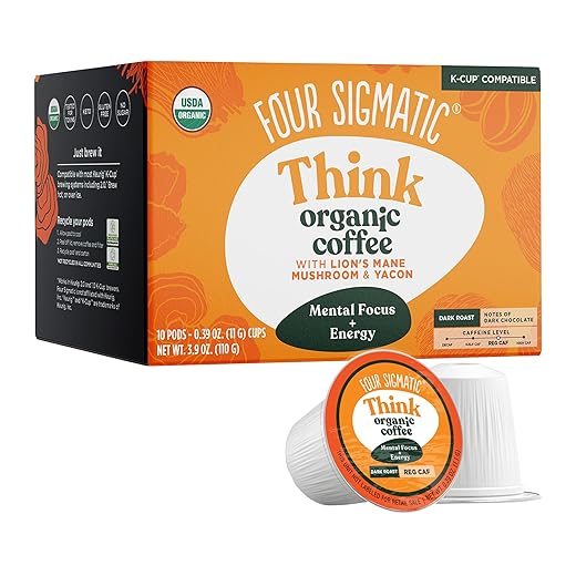 Four Sigmatic Mushroom Coffee K-Cups | Organic and Fair Trade Dark Roast Coffee with Lion’s Mane Mushroom Powder & Yacon | Focus & Immune Support | Vegan & Keto | Sustainable Pods | 10 Count
