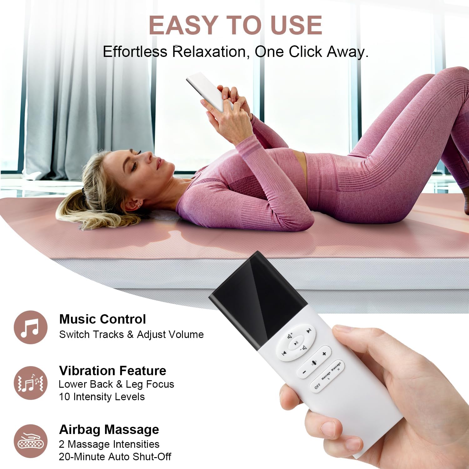 GENERAL ARMOR 3.8' Full Body Massage Mat with Music-Sync Vibration, Customizable Massage Modes for Back, Neck, Shoulders & Legs, Pink