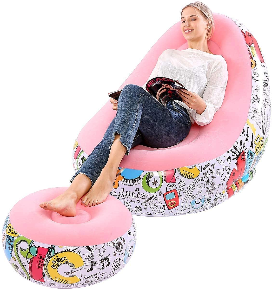 XBEY Sofa with Household Air Pump Air Inflatable Sofa Couch Chair with Footstool for Indoor&Outdoor in Livingroom, Bedroom, Readingroom Office, Balcony, Garden, Courtyard (Pink)