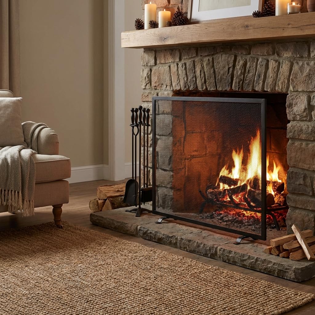 Suinga Salvachispas de Chimenea 1 Panel 60x50 cm, Rejilla Metálica Protectora contra Chispas, Pantalla de Seguridad para Chimeneas, Negro