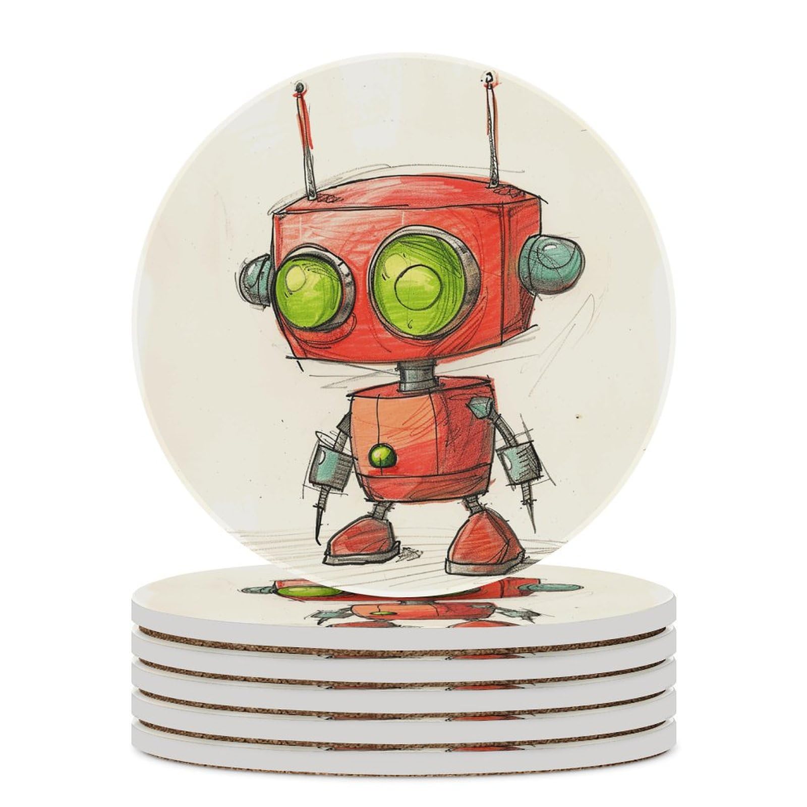 Dessous de verre pour table basse en céramique motif robot rouge et vert