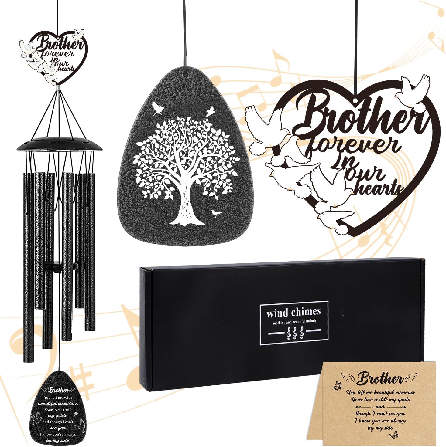 Memorial Gifts for Loss of Brother - 36'' Memorial Wind Chimes for Outside, Sympathy Bereavement Condolence Grief Remembrance Funeral Gifts for Loss of Brother, with S Hook Greeting Card