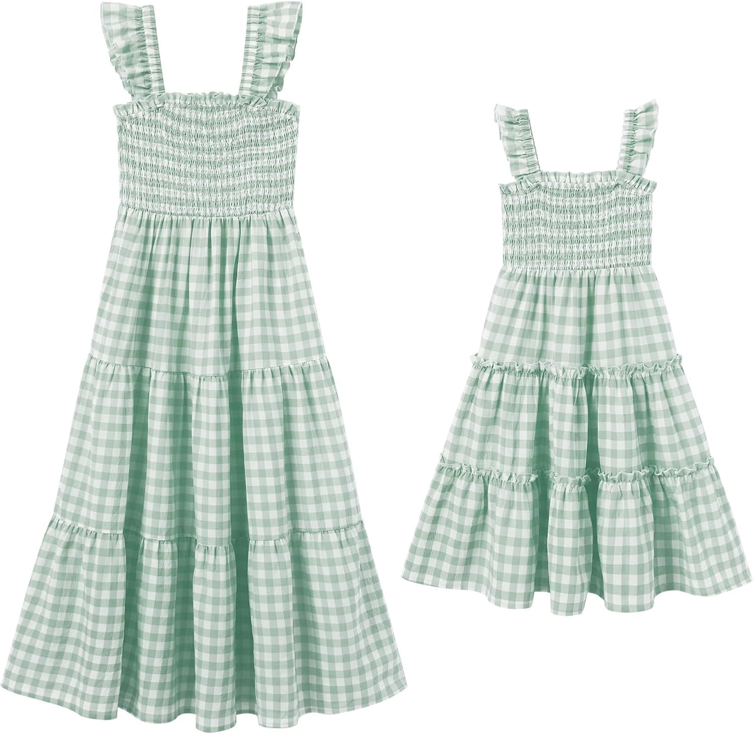 AWIBMK Mommy and Me Matching Dresses Plaid Midi Dress Summer Square Neck Ruffle Flowy Beach Mom Daughter Outfits