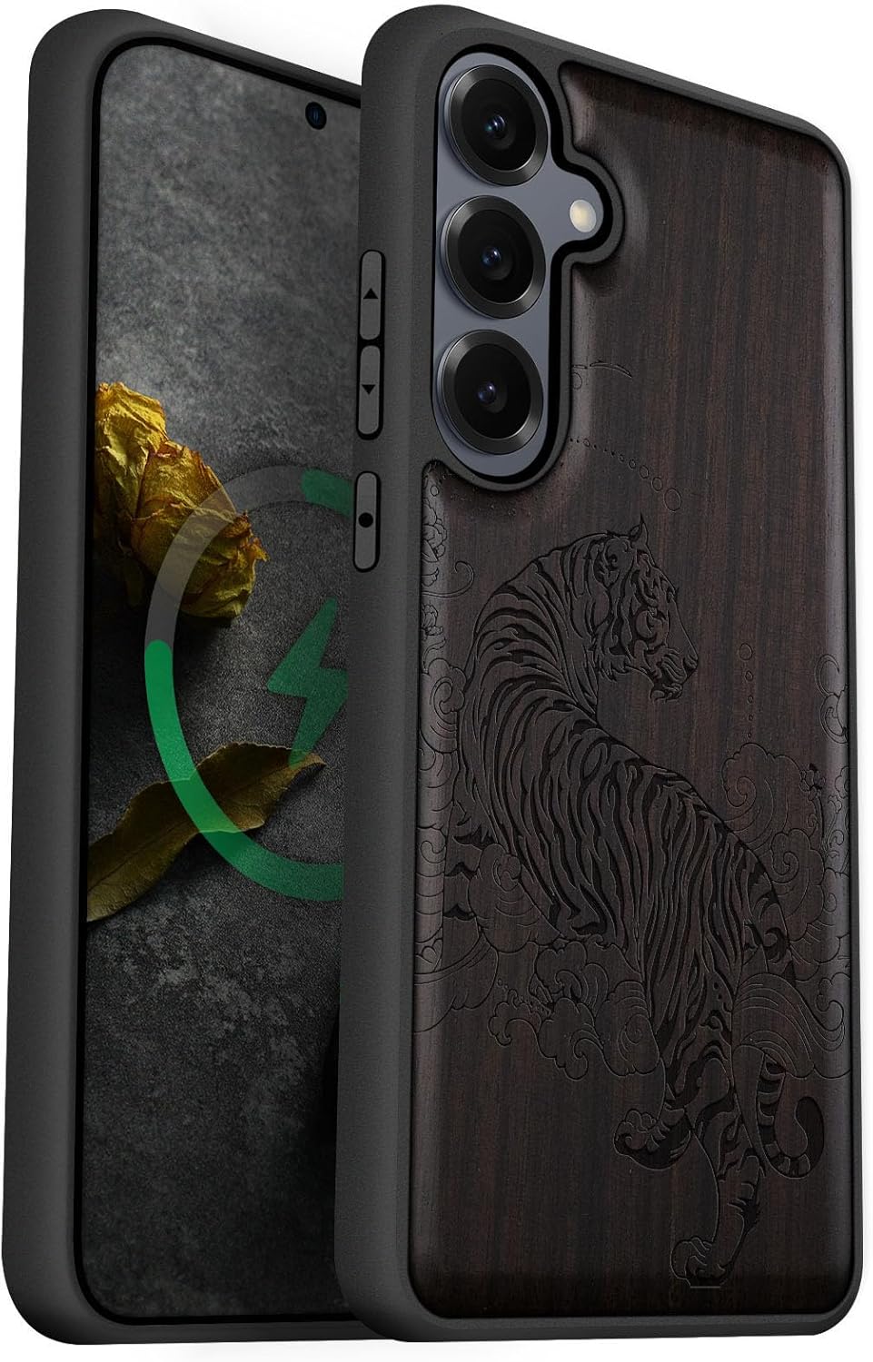 Carveit Magnetic Wooden Case for Samsung Galaxy S25 Case 2025, TPU Shockproof Cover & Wood Artisan Engraved, Compatible with MagSafe Wireless Chargers (Graceful Tiger) Blackwood