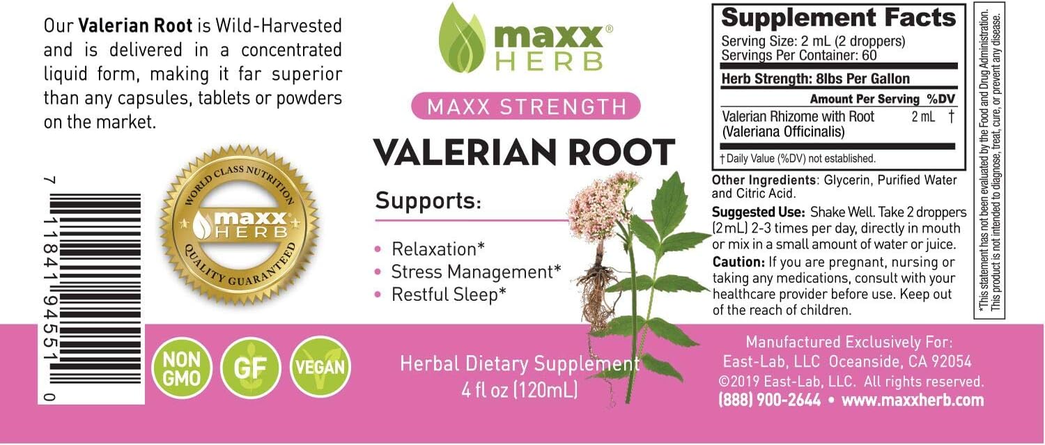Maxx Herb Valerian Root Extract - Max Strength, Liquid Valerian Root Absorbs Better Than Capsules, for Relaxation and Restful Sleep, Alcohol-Free - 4 Oz Bottle (60 Servings) : Health & Household