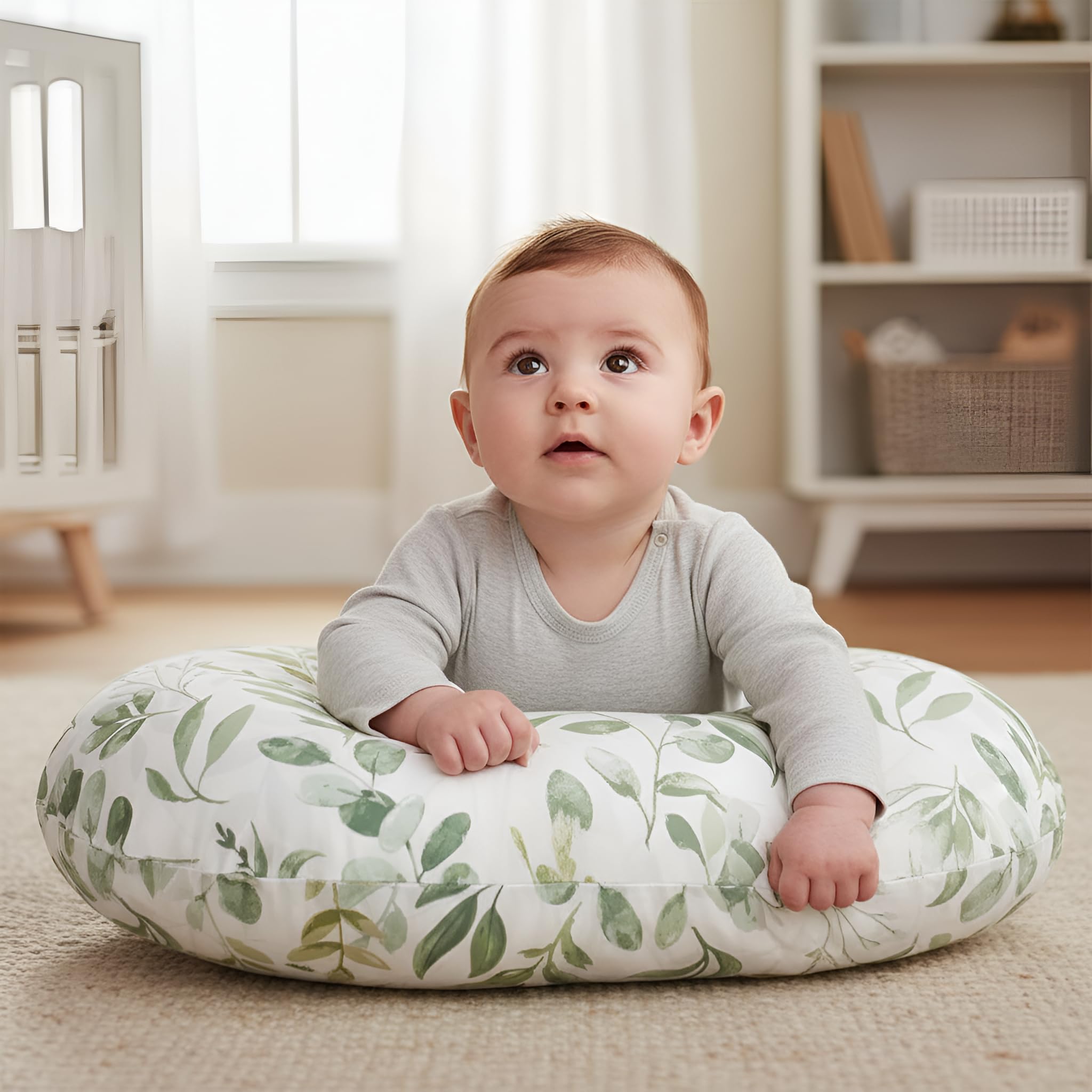 Baby Feeding Pillow for Breastfeeding & Bottle Feeding | Nursing Support Cushion with Detachable Zippered Cover | Lightweight Medium Firm Polyester Microfibre Filled Infant Pillow (Leaf)-image-48