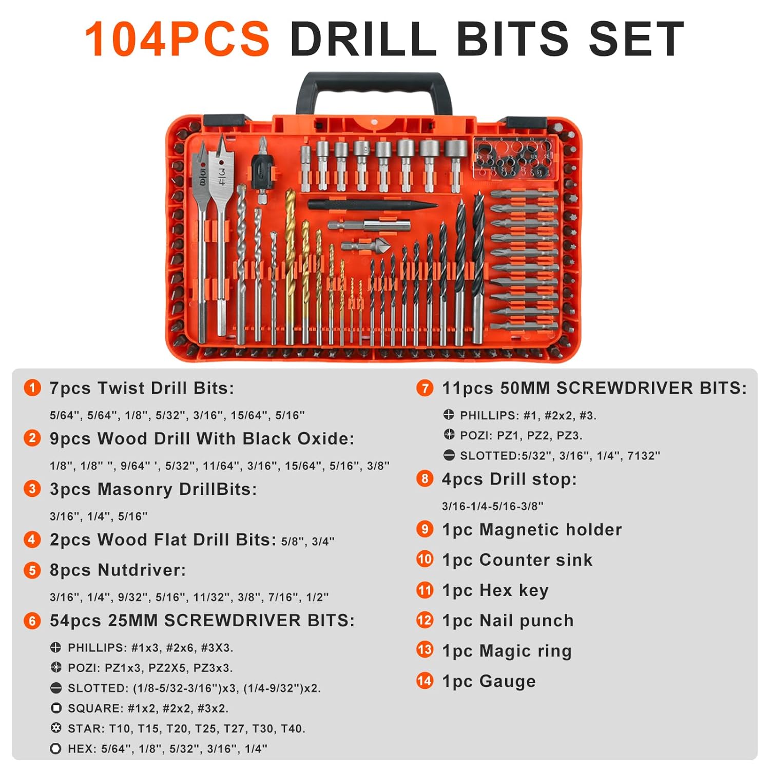 COMOWARE Drill Bit Set, 104Pcs Screwdriver Bits Set with Tough Case, Titanium Twist Drill Bits, Impact Screwdriver Bits, Masonry Drill Bits, Spade Drill Bits, Nutdrivers - Image 2