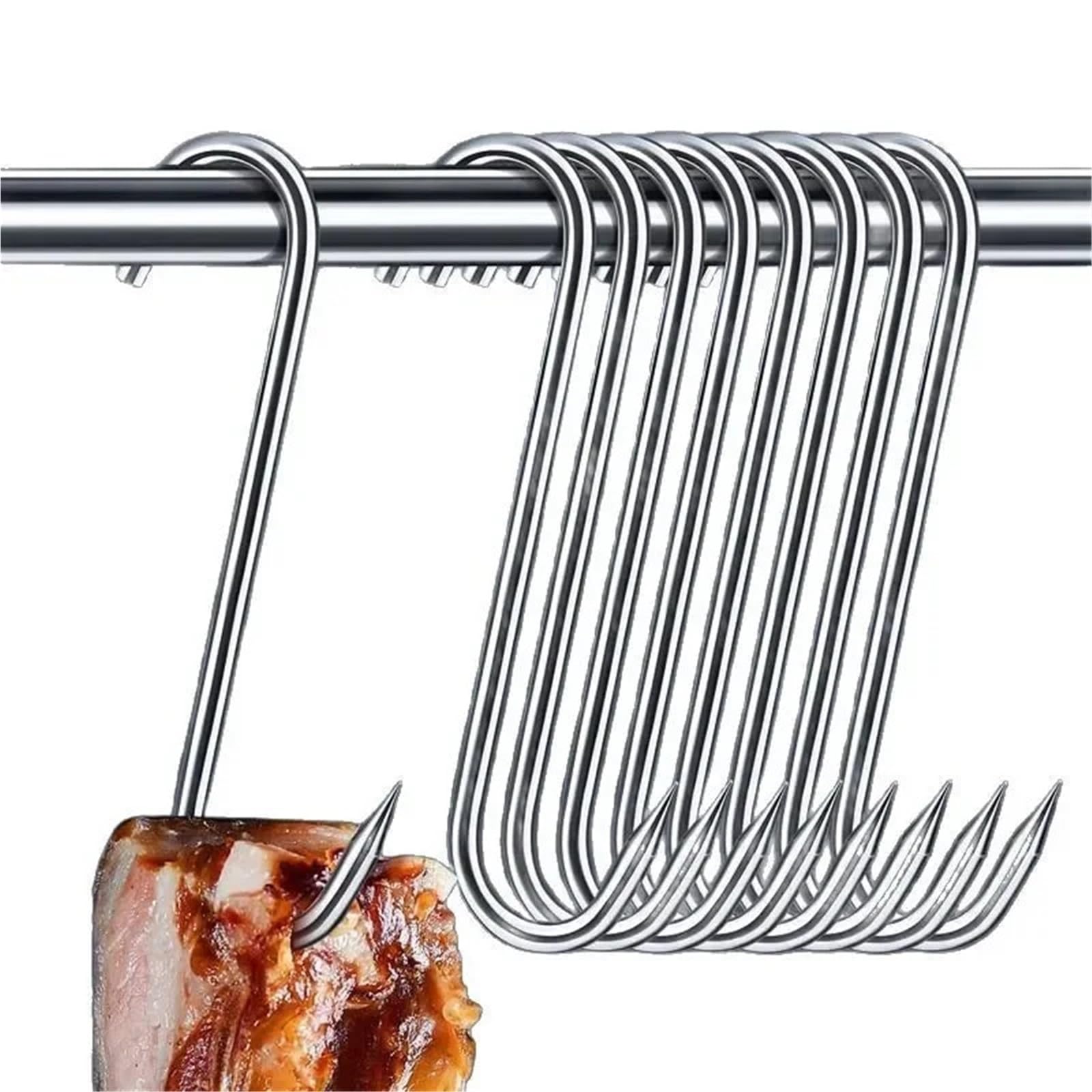 100 ganchos en forma de S de acero inoxidable con punta afilada for colgar utensilios de cocina, de carnicero, for ahumar y procesar carne en barbacoa. Para Carnes(12cm)