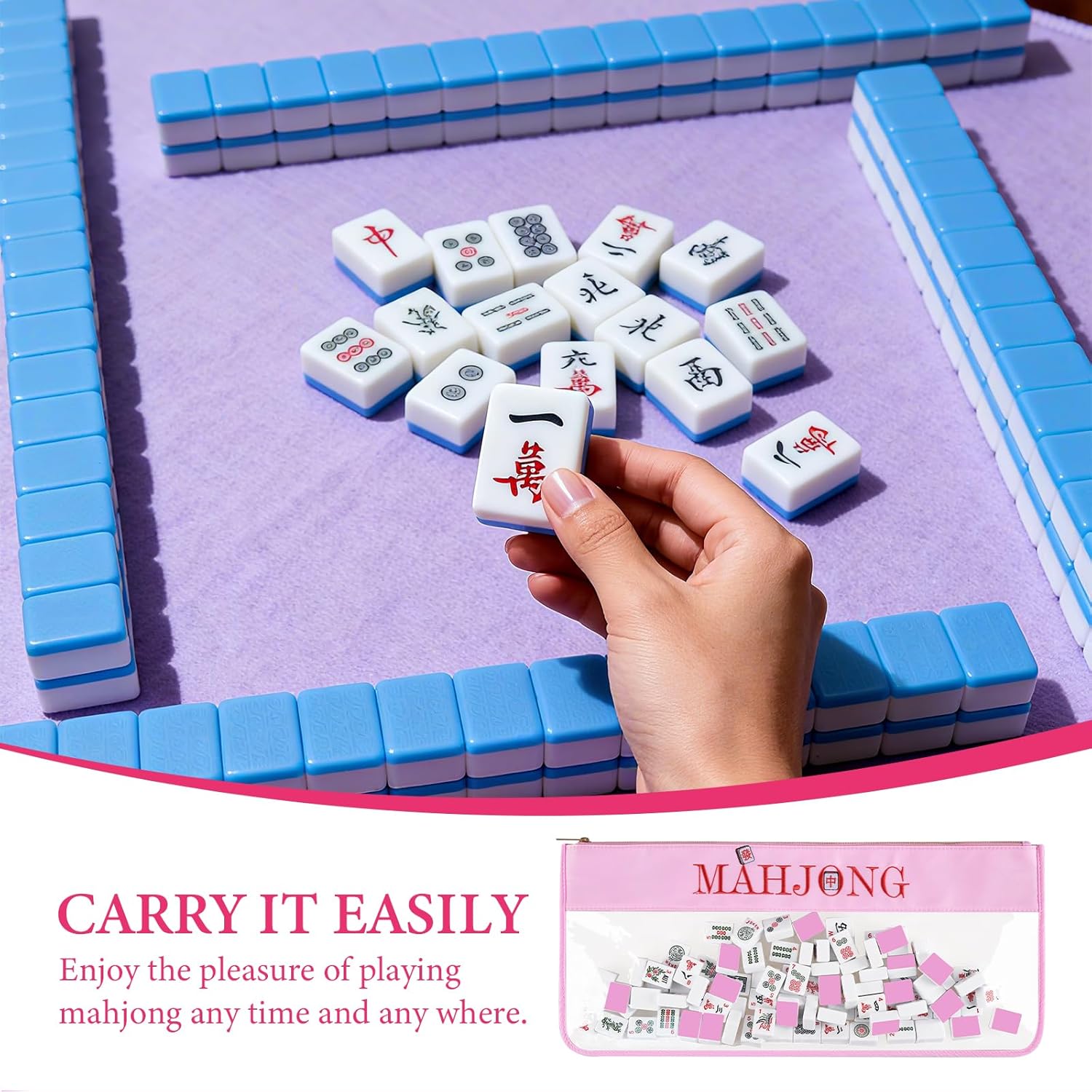 ALANGDUO Mahjong Tile Bag, Empty Mahjong Bags for Tiles and Racks, Large Capacity Storage for American Mahjong Tiles with Metal Zipper and Letters (Pink)