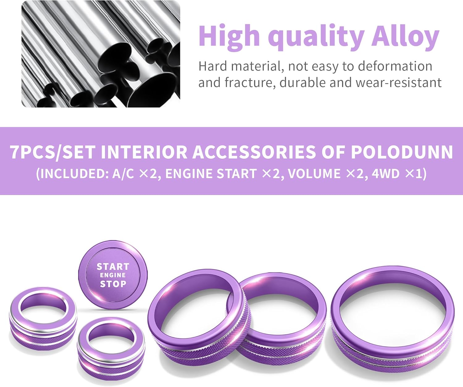 Polodunn for 2026 2025 2024 2023 2022 2021 Nissan Rogue Accessories with 8" Screen, 7pcs Aluminum Alloy Trim Set - A/C, Volume Tune & 4WD Knob Cover, Push Start Button Cover/Ring (Purple)