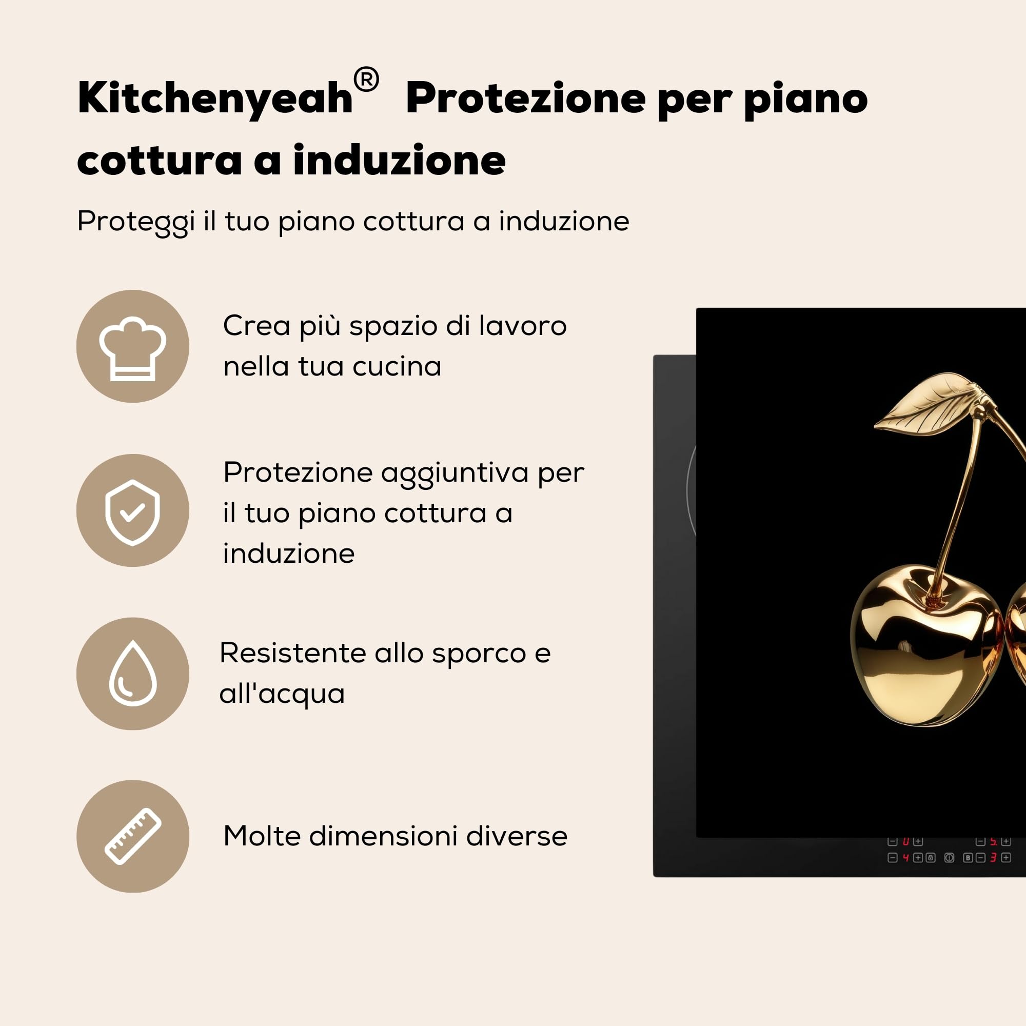 KitchenYeah© Protezione Piano Cottura Tappetino per Induzione 59x52 cm Cucina Proteggi Coprifornello Antiscivolo Ciliegie - Nero - Oro - Cromo