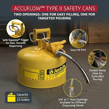 Justrite Type II Diesel Fuel Can, Yellow Galvanized Steel, FM Approved