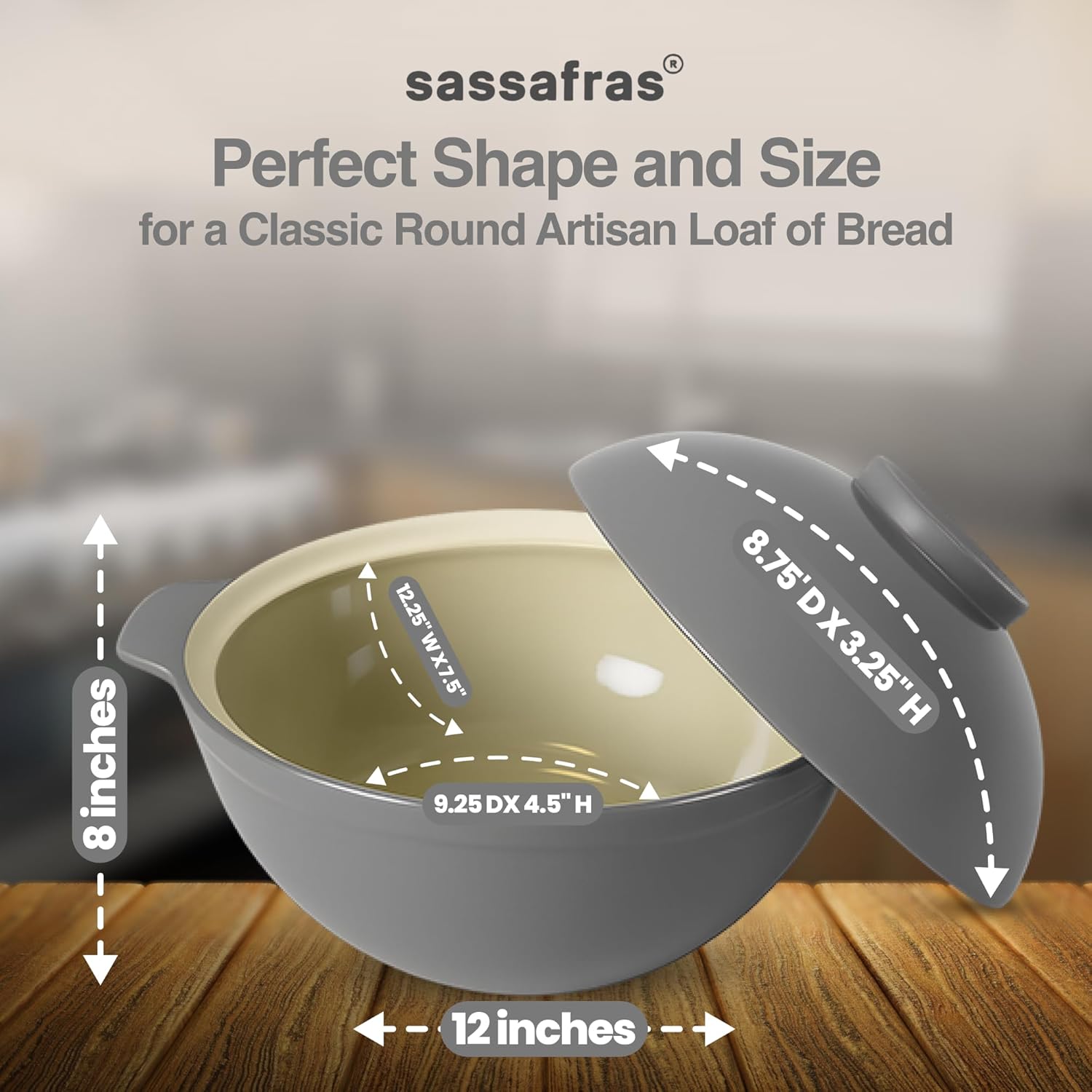 Sassafras Superstone Bread Dome 12" Dutch Oven pot with Lid - Grey Glazed base oven pot No-Knead Dome for artisan and sourdough bread baking with Stoneware Bakeware.