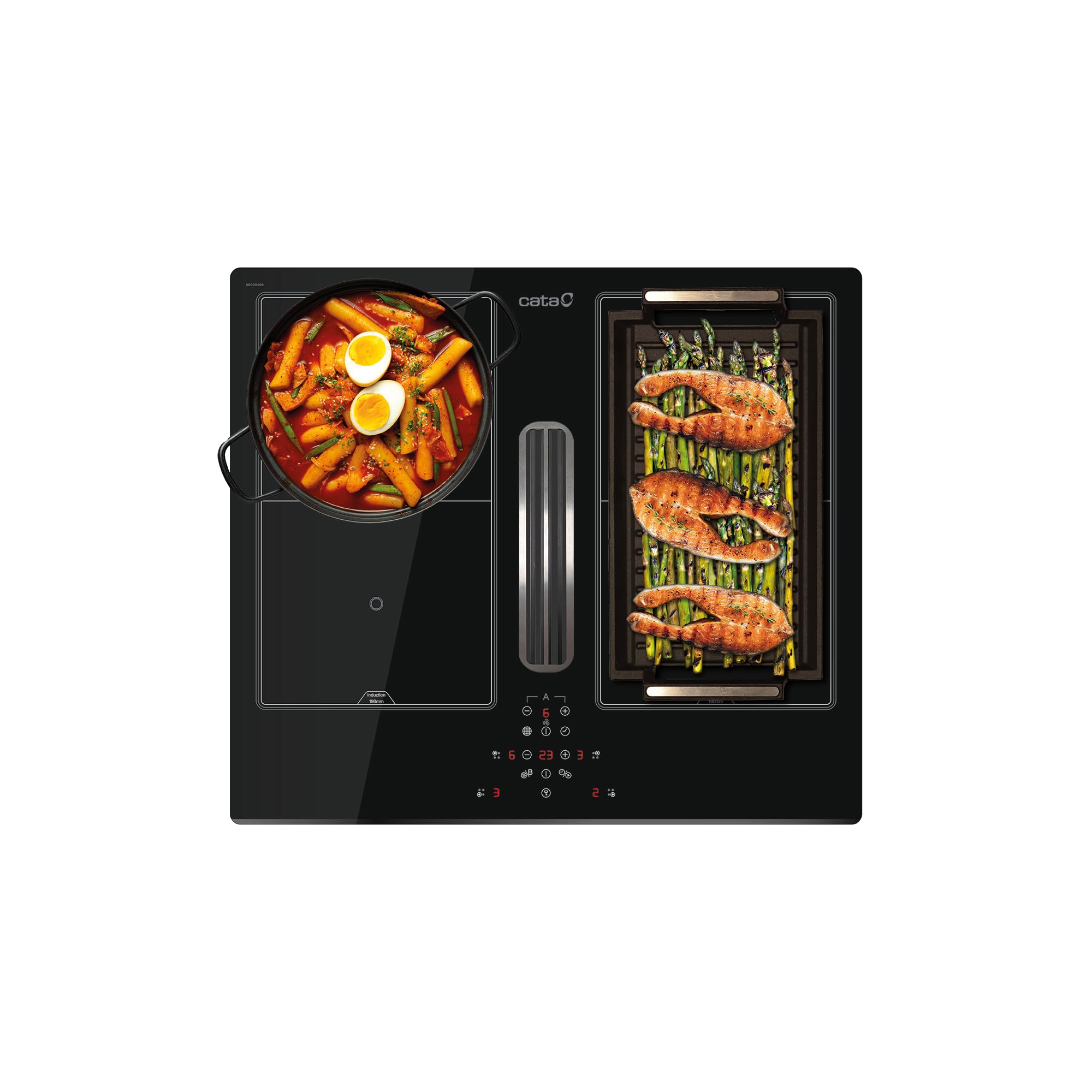 Cata Placa de Inducción AS 600 con Extractor de Humos Integrado, 4 Zonas, 6 Niveles de Extracción, 9 Niveles de Potencia, Ancho 59cm, Temporizador, Táctil, Bloqueo de Seguridad, Negro