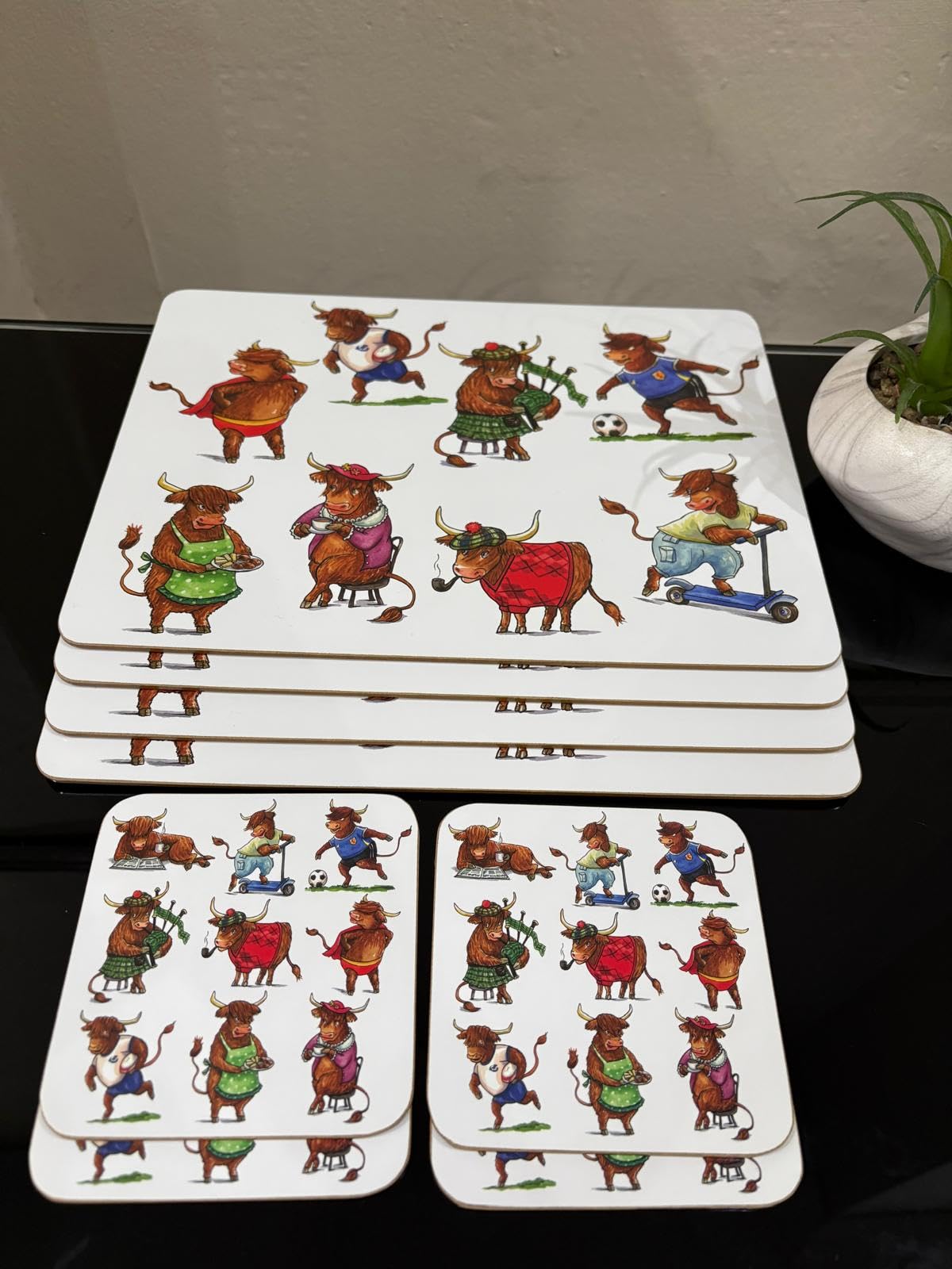 Stunning White Scottish Highland Cow 4 Placemats And 4 Coasters Set, 8 Piece Cork Backed Table Mats, Funny Kitchen Decor