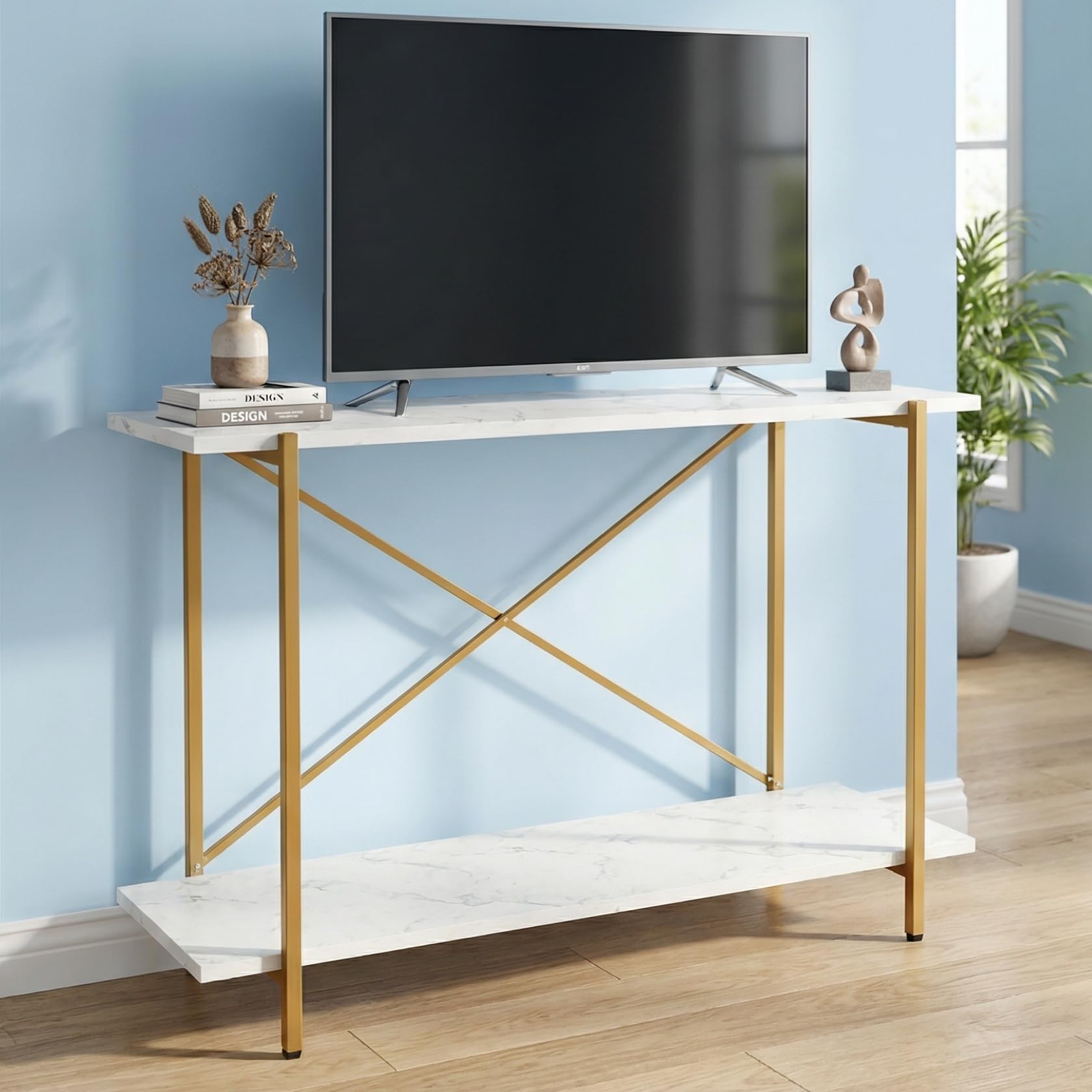 ecofynd Elix 47 Inch Long TV Stand, Metal with Engineered Wooden top Entertainment Unit with Storage Shelf, TV Cabinet, Media Console Table for Living Room, Bedroom, 47"X 9"X 28" White and Gold-image-46