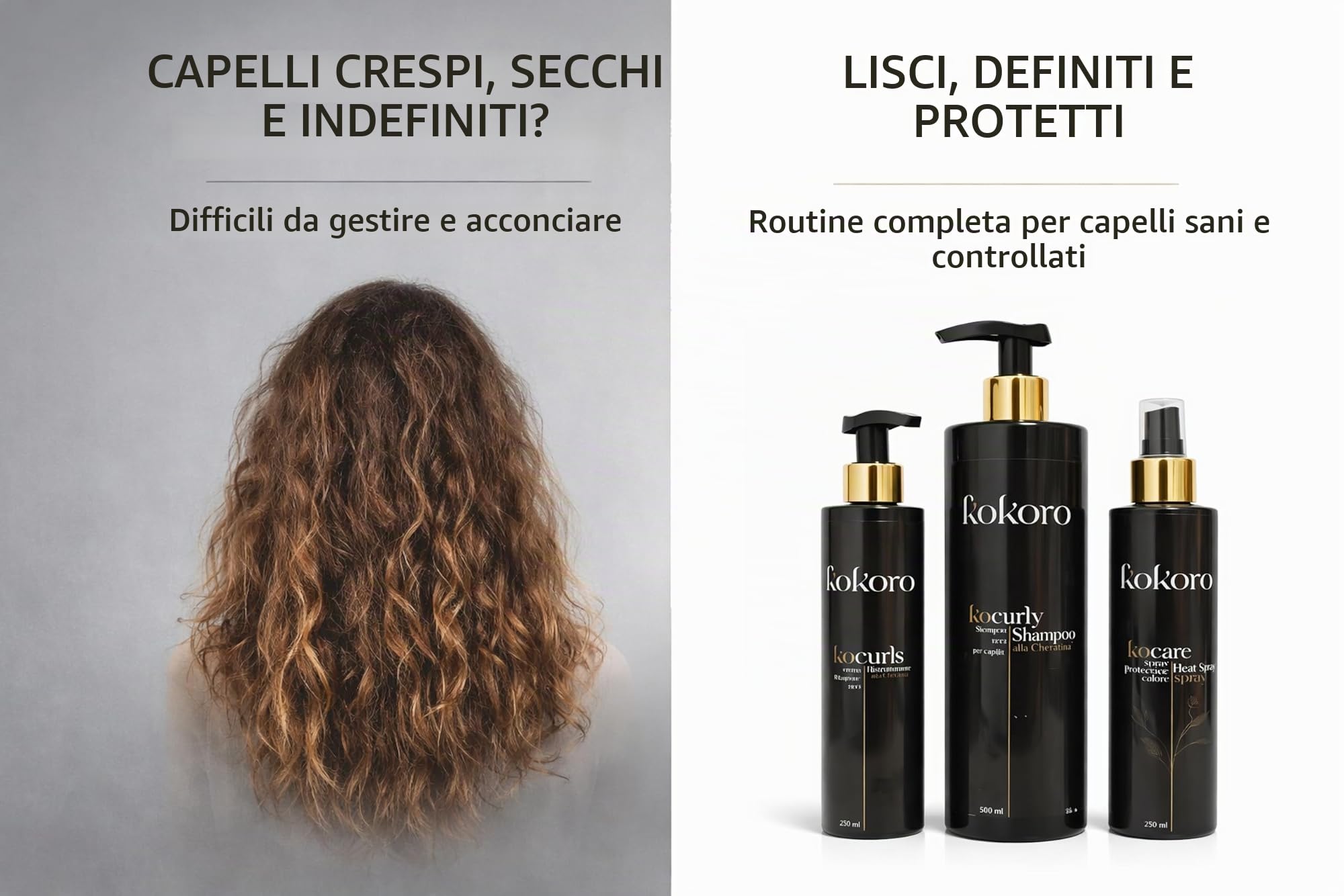 KOKORO Kit Ricci Protetti – Shampoo Anticrespo 500ml + Trattamento Cheratina 250 ml + Termoprotettore 250 ml – Routine Completa Capelli Ricci, Anti Crespo, Protezione Calore, Definizione Professionale