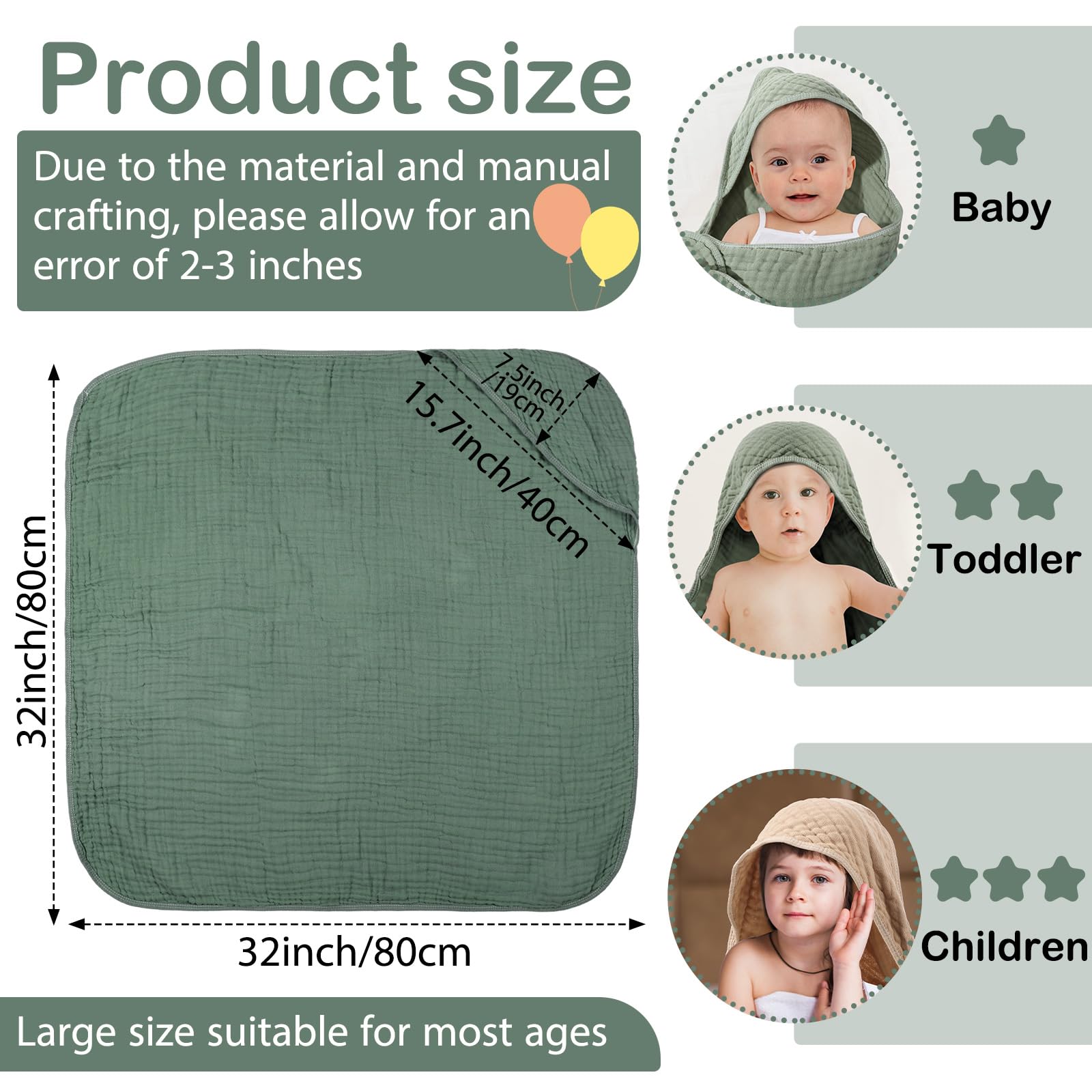 VitalCozy Juego de toallas de baño con capucha para bebé, 6 capas, muselina de algodón, toalla para niños pequeños, paños para eructos, regalos de ducha, regalo de registro de recién nacidos, manta de