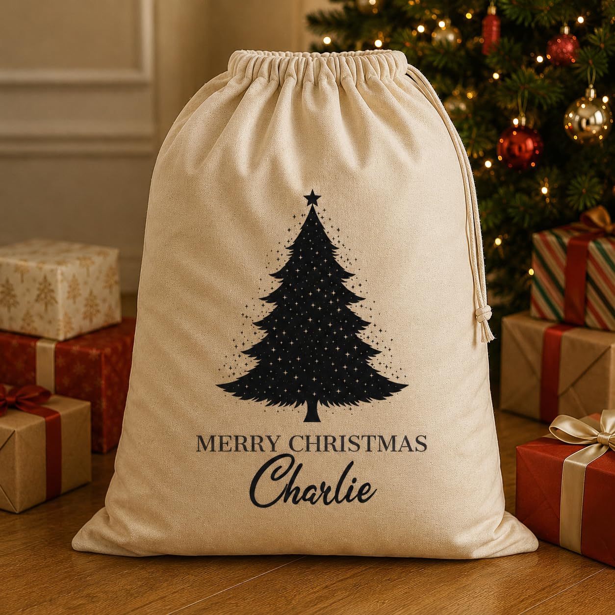 Personalised Name Merry Christmas & Tree - Christmas Santa Sack