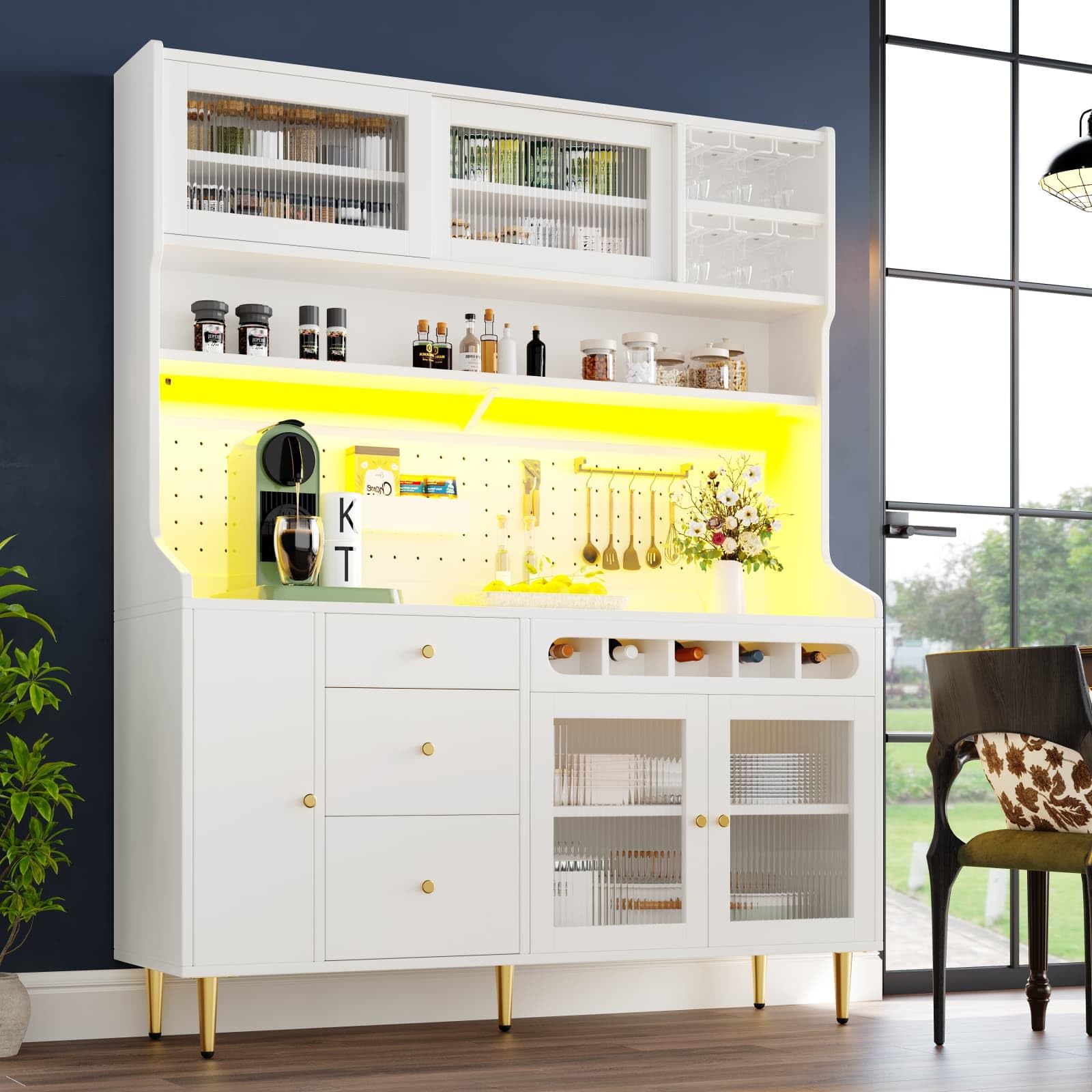Buffet Salle a Manger,Buffet Haut de Cuisine,Armoire de Salon Moderne,Meuble de Rangemen avec étagères réglables et éclairage LED,Tiroir avec casier à Bouteilles,145x39x171cm (Blanc-A)