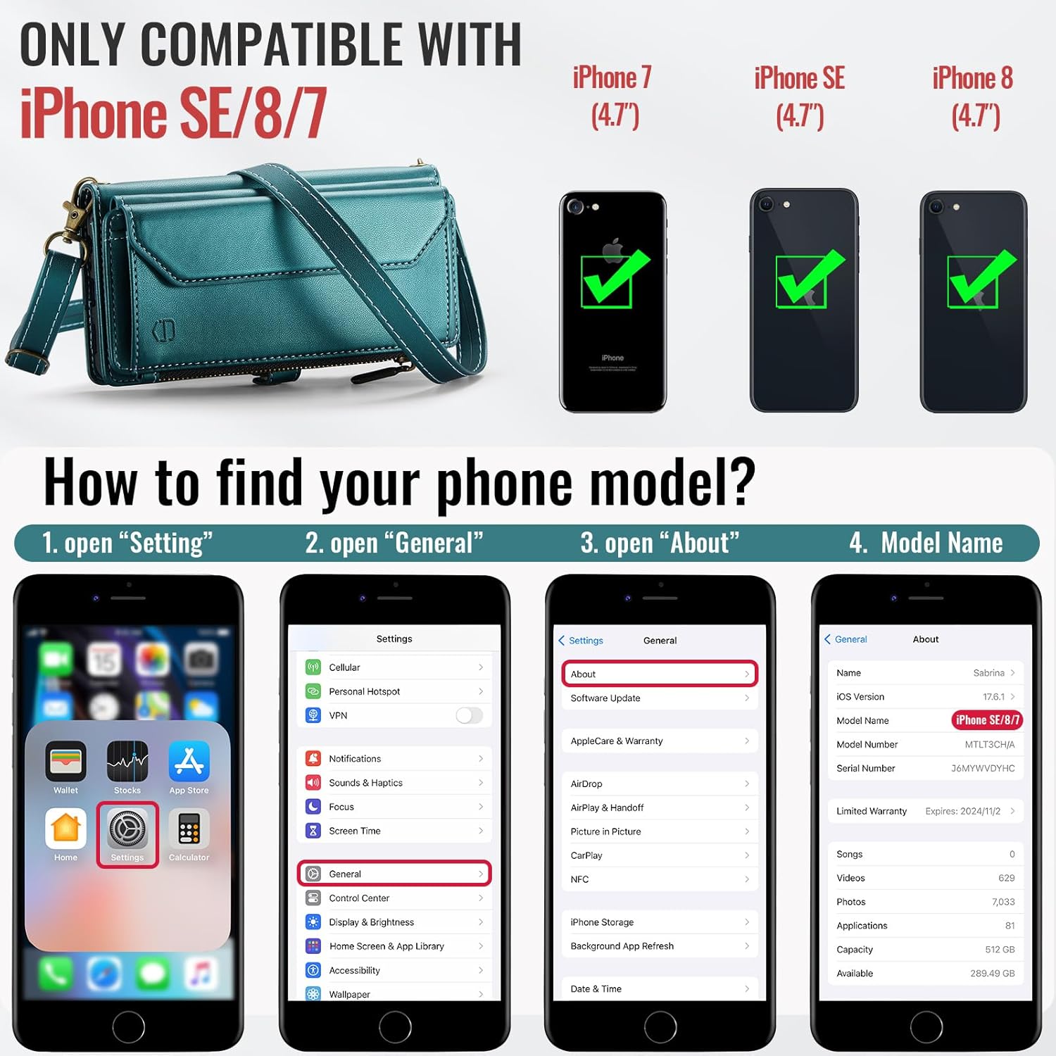 Strapurs Crossbody Wallet Case Compatible with iPhone SE/7/8 RFID Blocking 7-Card Holder Soft PU Leather Magnetic Snap Shoulder Strap Zipper Pocket Phone Cases Fit for iPhone SE 2020 2022 - Blue Green
