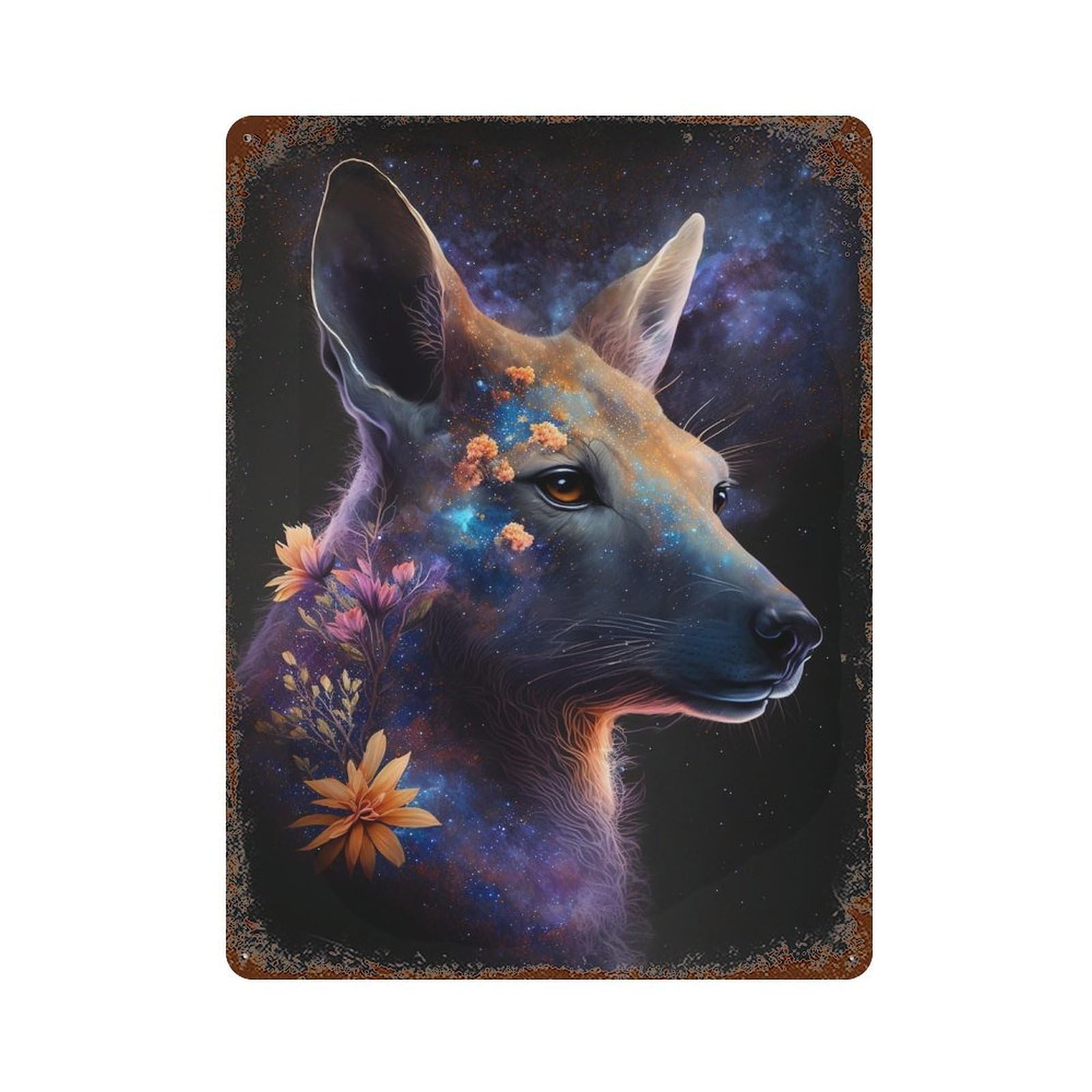 Galactic Kangaroo with Flowers Decorative Tin Sign 15.7"x11.8", Retro Wall Decor for Garage, Pub Or Kitchen