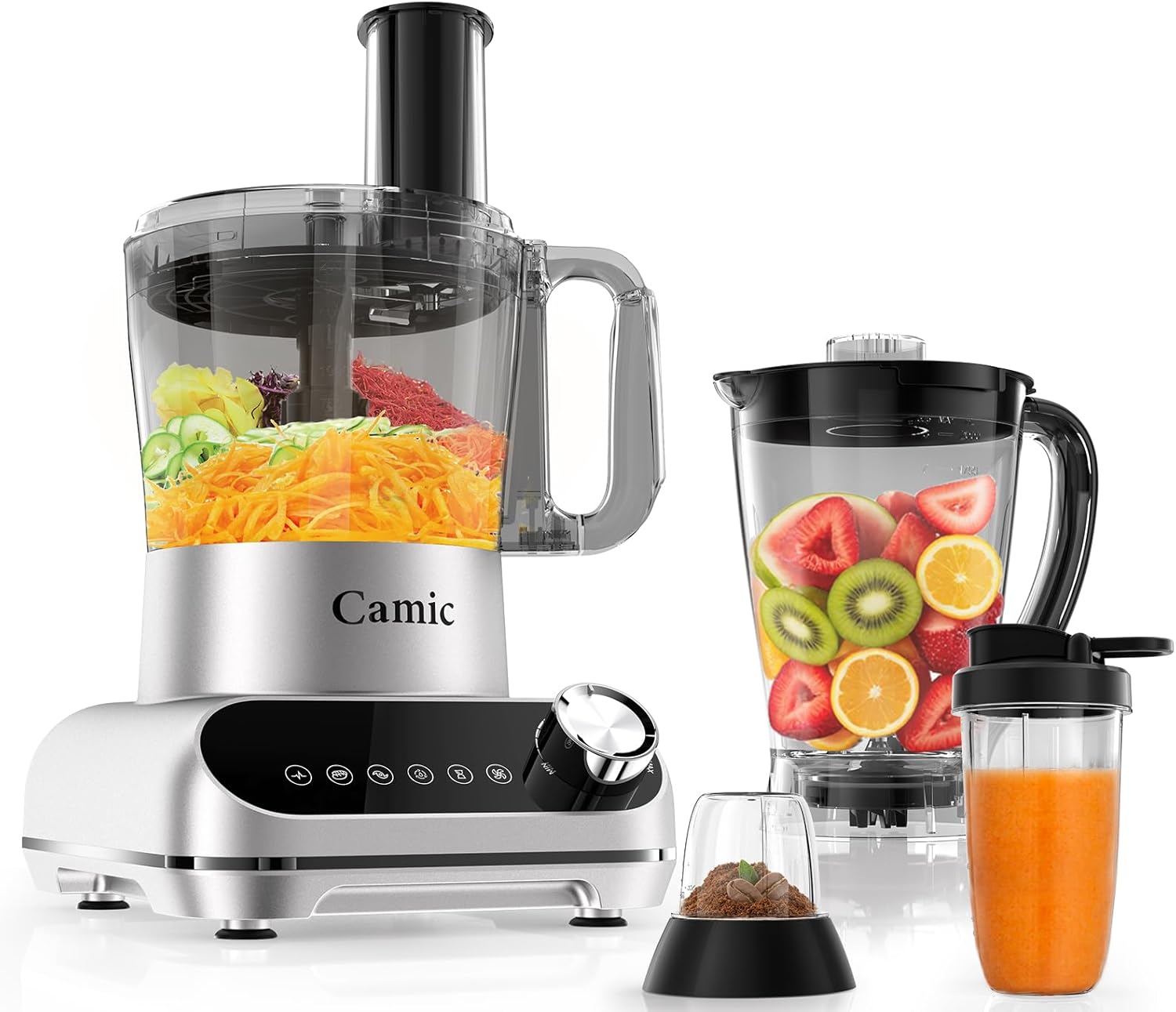 Camic Blender & Food Processor Combo,600W,6 Functions for Smoothies,Chopping,Slicing,Shredding,Grinding,Dough & More,72-oz.Blender Pitche,64-oz.Processor Bowl,13-oz.To-Go Cup,6-oz.Grinder Cup(Sliver) Silver Premium Version - Image 1 of 9