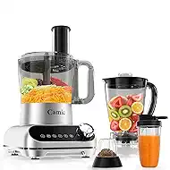 Camic Blender & Food Processor Combo,6 Functions for Smoothies,Chopping,Slicing,Shredding,Grinding,Dough,72-oz.Blender Pitche,64-oz. Processor Bowl,To-Go Cup,Grinder Cup (Argent)