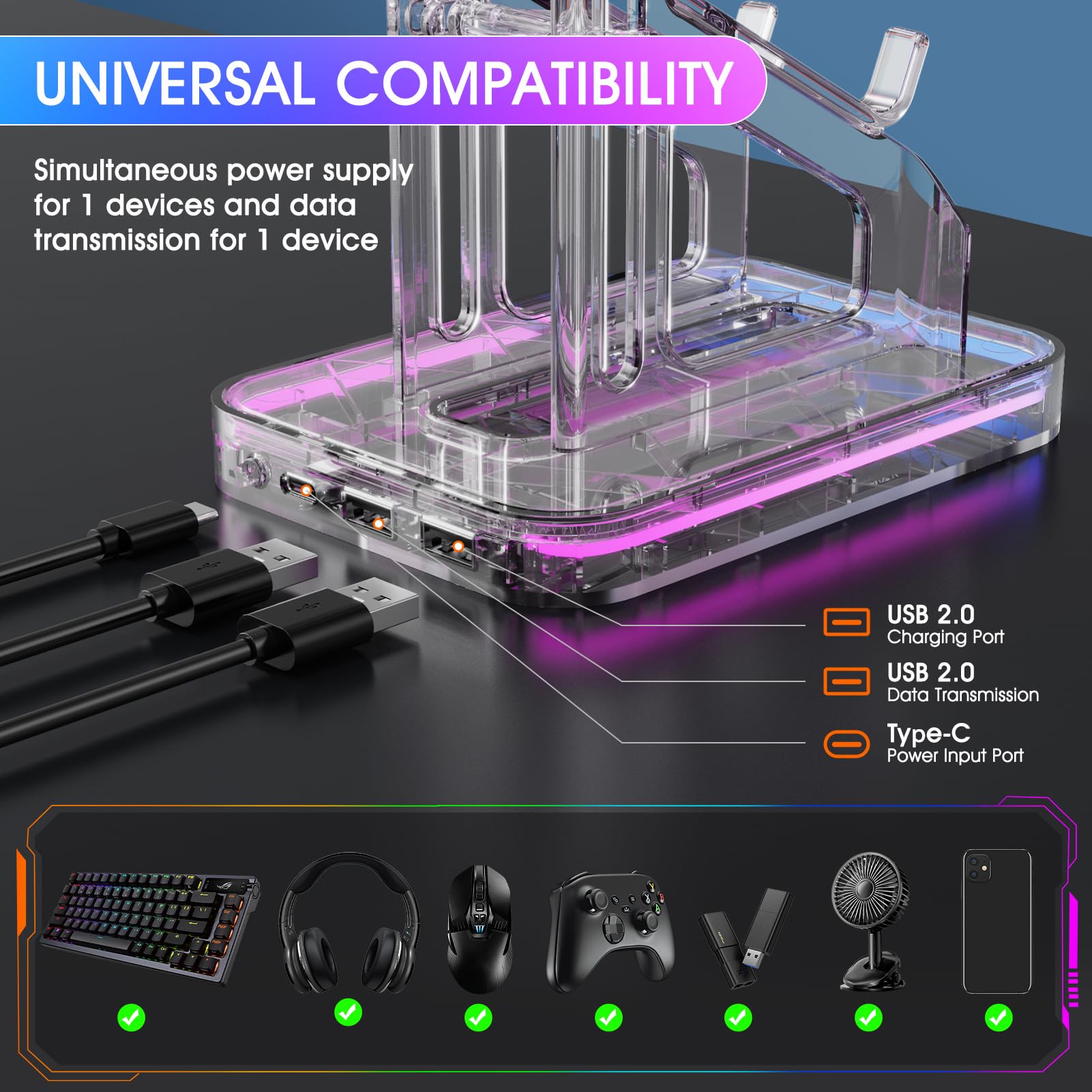 Luckit Soporte para Auriculares RGB con 2 Puertos de Carga USB, Soporte de Controlador Dual con Modos de luz, Accesorios para Colgar Auriculares para Jugadores de Escritorio