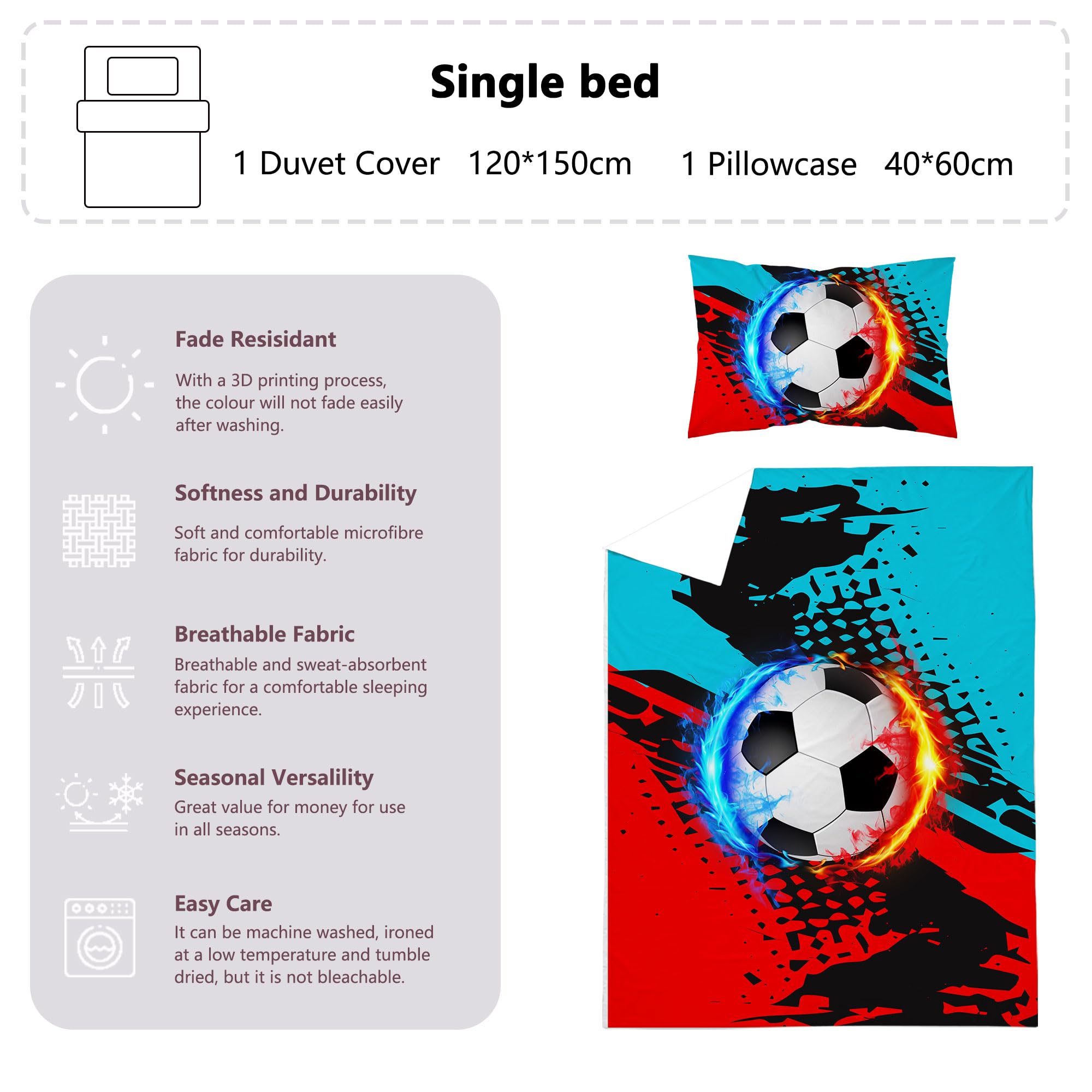 DJDEA Toddlers Duvet Cover Sets 120 x 150cm, Football Pattern Print Junior/Cot Duvet Cover Set - Image 2