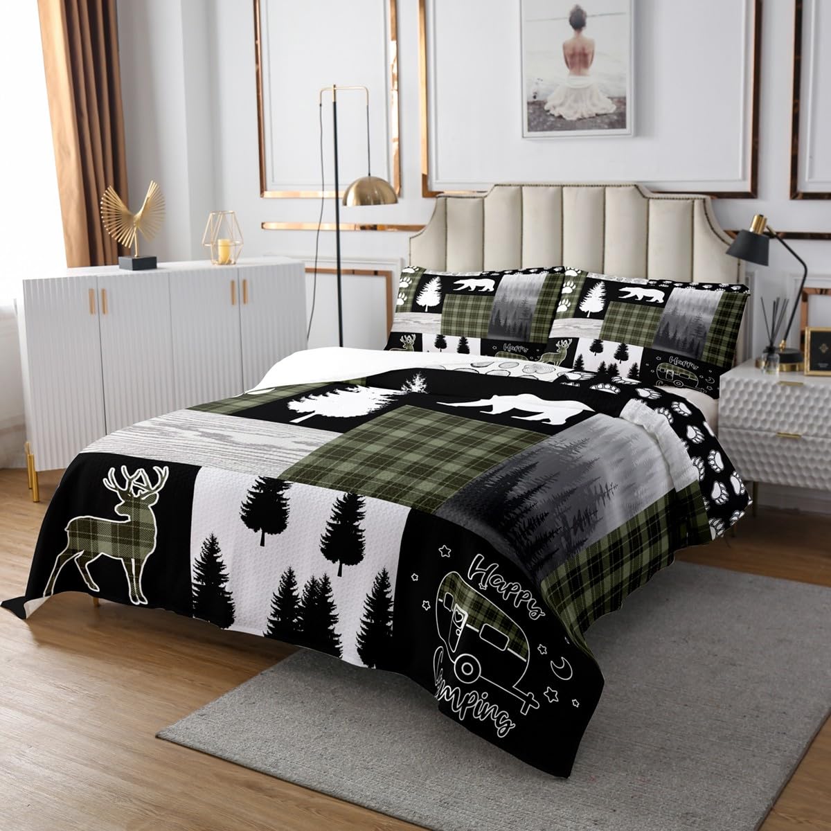 Bear Quilt Set King Size,Deer Hunting Woodland Rustic Cabin Bedspread Set for Boys Girls Kids Adult,Camping Adventure Geometric Plaid Patchwork Coverlet Set,Pine Tree Xmas Bed Set Green Black