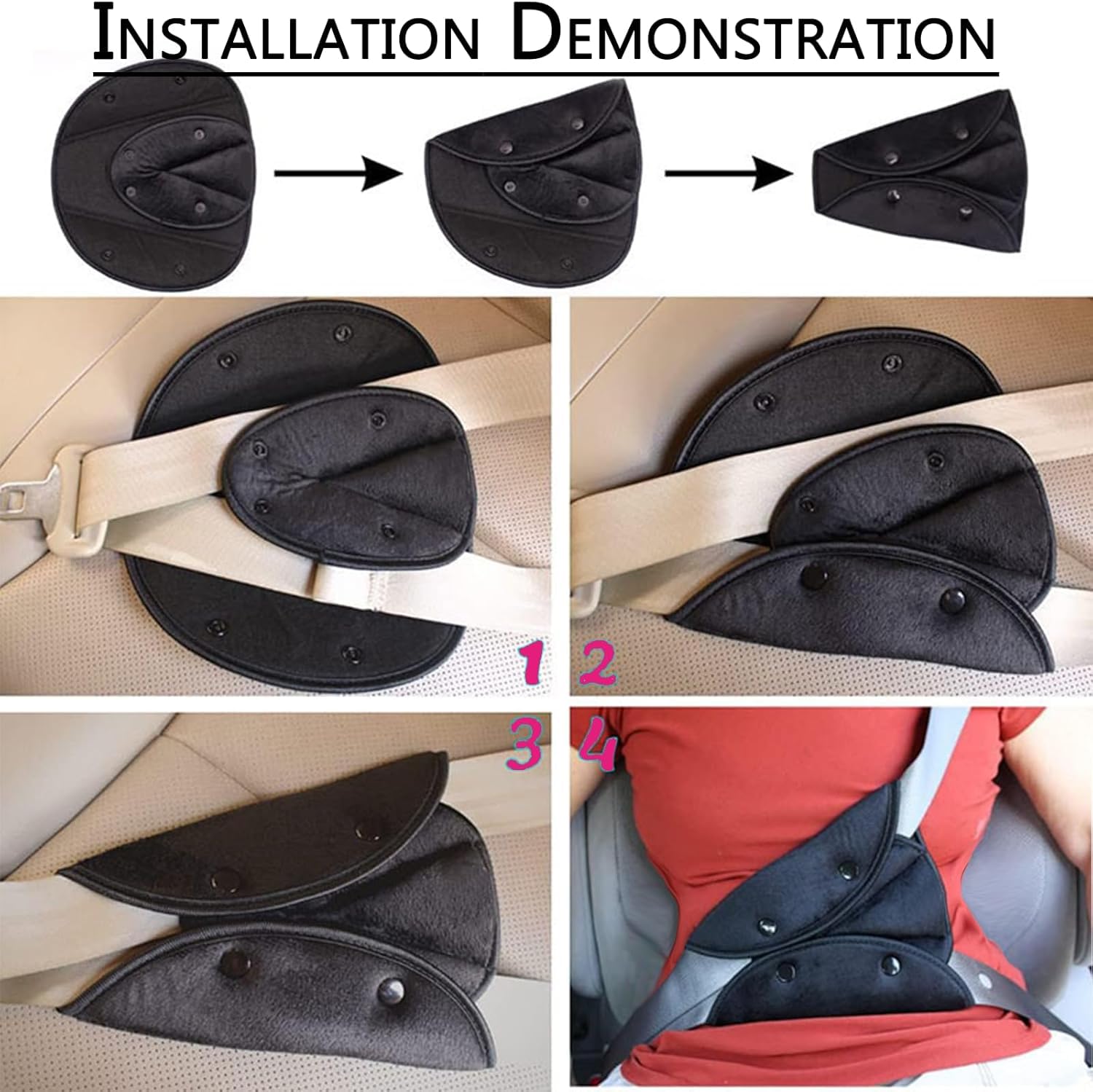 2 Piezas Ajustador de Cinturón de Seguridad de Coches Funda, para niños y adulto de Cinturón de Seguridad de Triángulo, Proteja los hombros, el cuello y el abdomen de niños y adultos(negro)
