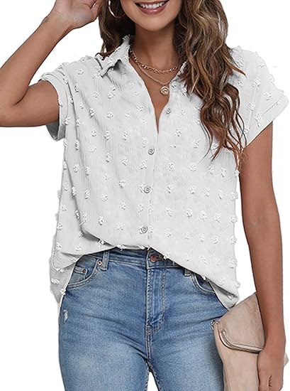 BOTHENIAL Women White Button Down Shirt Dressy Casual Work Tops Chiffon Blouse Summer Short Sleeve Shirts