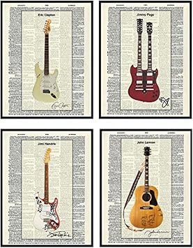 Famous Musicians Guitar - Unframed Dictionary Wall Art Print - Great Gift for Music and Rock n Roll Fans - Cool Home Decor - Lennon, Hendrix, Page, Clapton -Ready to Frame Set of 4-8x10 Vintage Photo