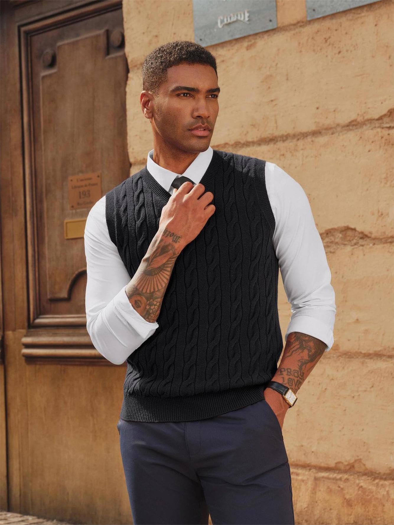 PJ PAUL JONES Chalecos tipo suéter para hombre, cuello en V, tejido trenzado, sin mangas, suéteres casuales