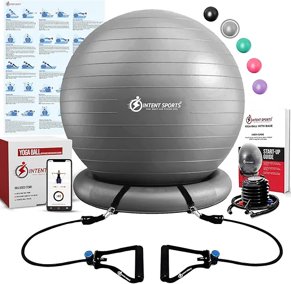 INTENT SPORTS Yoga Ball Chair – Stability Ball with Inflatable Stability Base & Resistance Bands, Fitness Ball for Home Gym, Office, Improves Back Pain, Core, Posture & Balance (65 Cm)