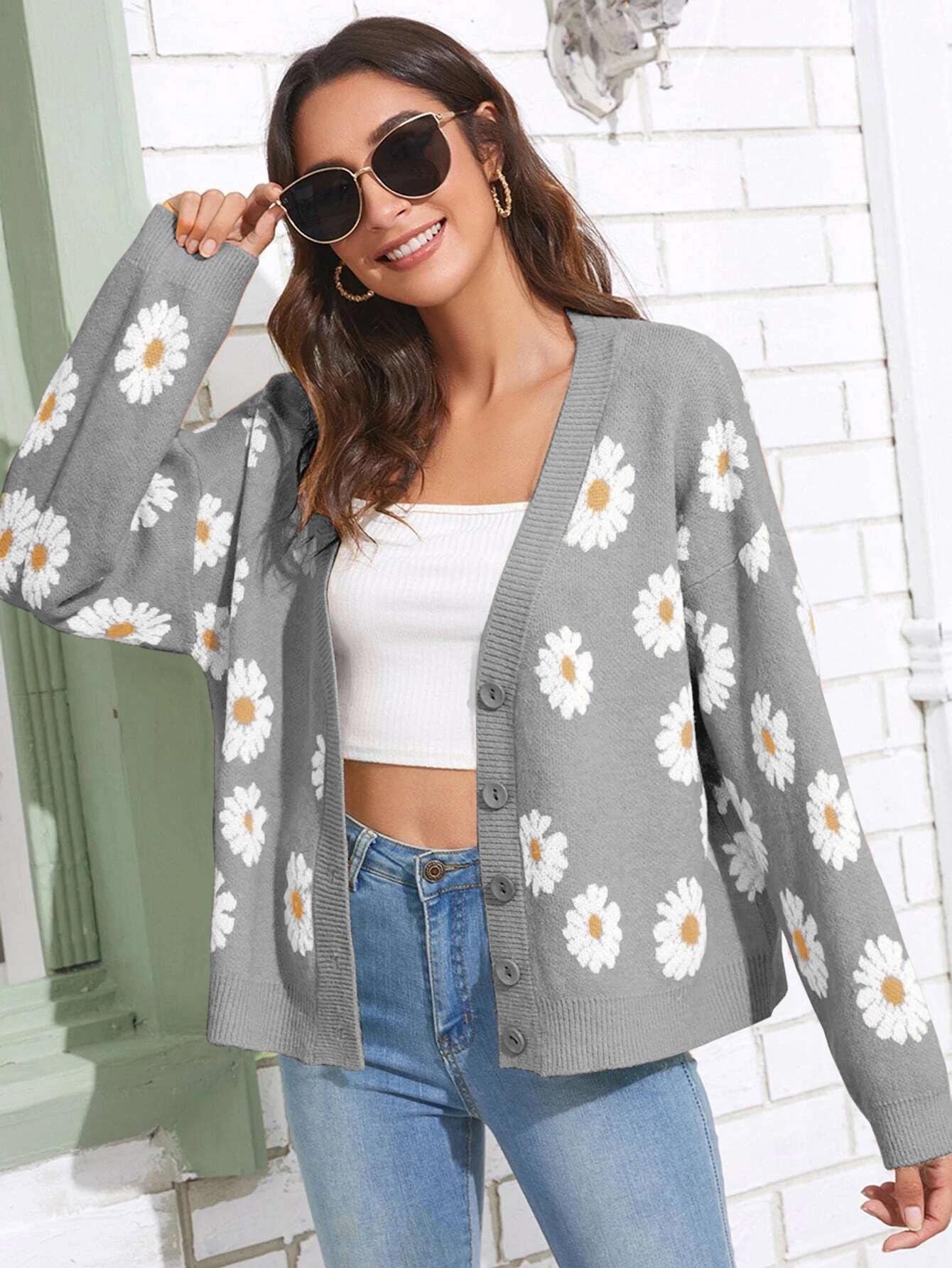 Women's Floral Print Cardigan Long Sleeve Open Front Button Down V Neck Knitted Sweaters D-Grey