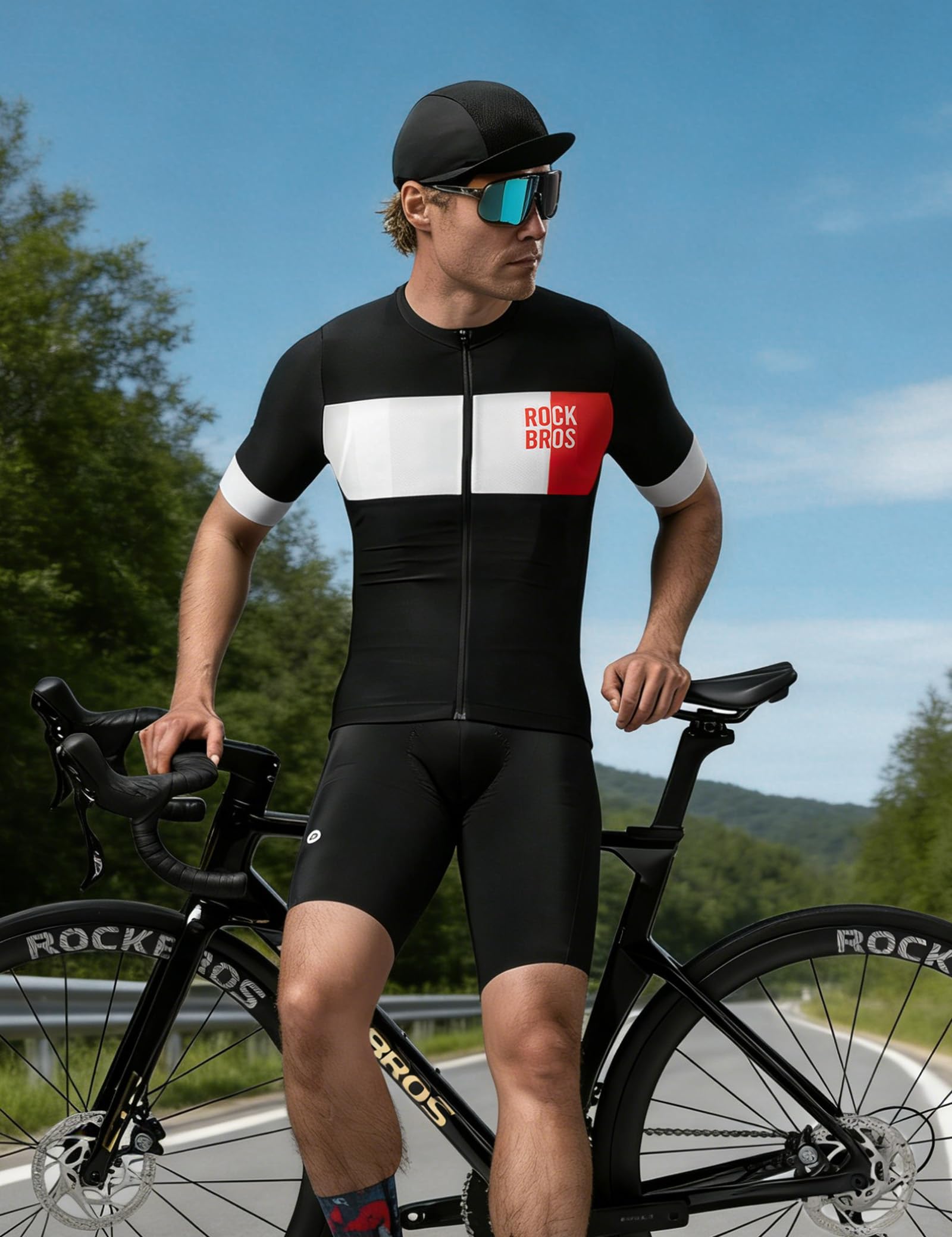 ROCKBROS Radtrikot Kurzarm Herren, Leicht Atmungsaktiv Schnell Trocknend Rennrad Trikot mit 3 Rückentaschen, Fahrradtrikot Fahrradbekleidung für Radsport Rennrad, Schwarz M–3XL