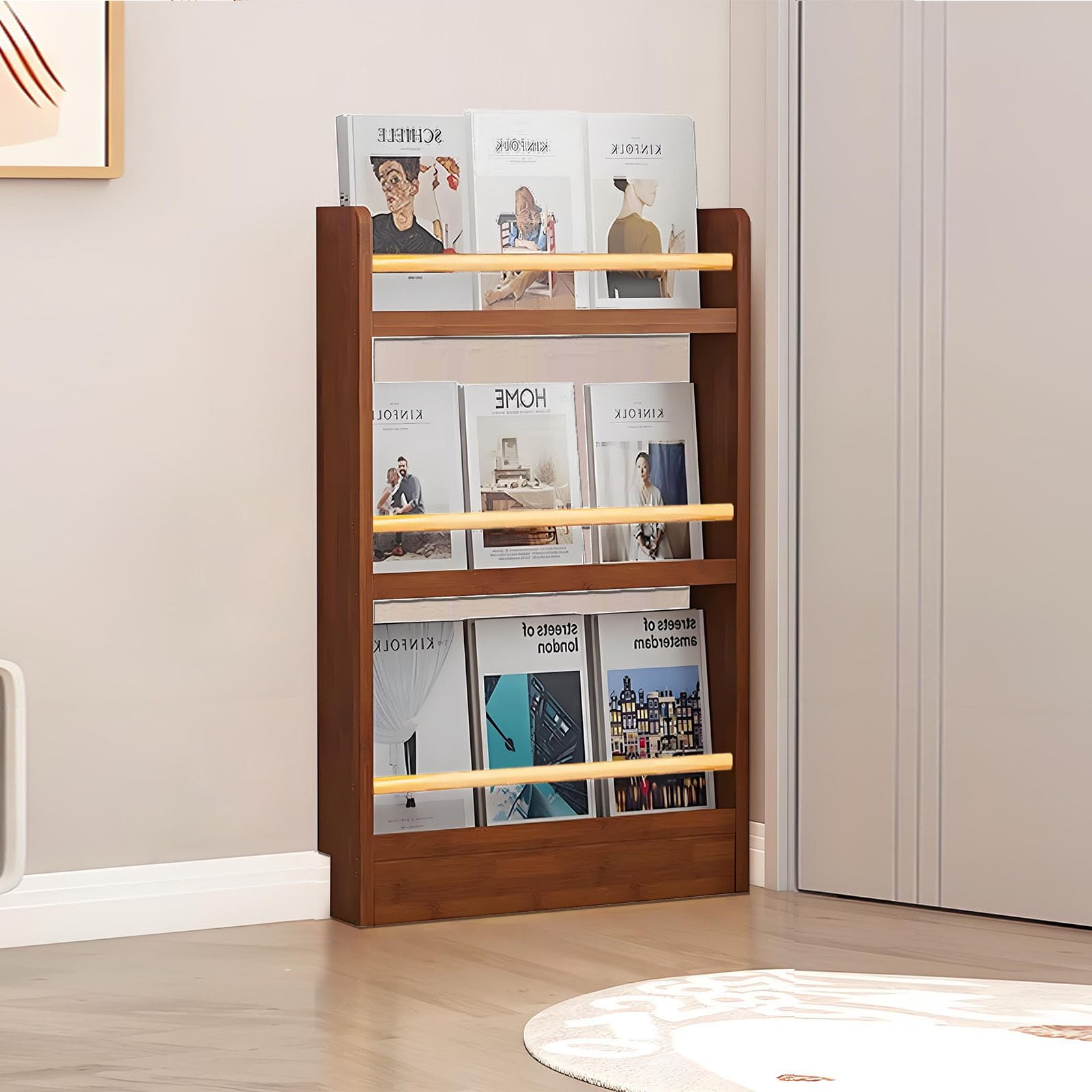 Tazyee Bookshelf, Tall Narrow Book Shelf, Behind Door 3-6 Tier Wall Bookcase for Bedroom, Living Room, Office, Space Saving Organizer for Kids’ Toys and Books Walnut 3-shelf/27.6" x 3.9" x 35.0"