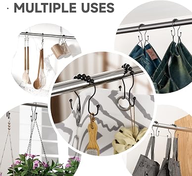 Bathway Shower Curtain Hooks Shower Curtain Rings Black Shower Curtain Hooks RustProof Smooth Metal Double Shower Curtain Hook, Shower Hooks for Shower Curtain Liner Bathroom Shower Rod Hook