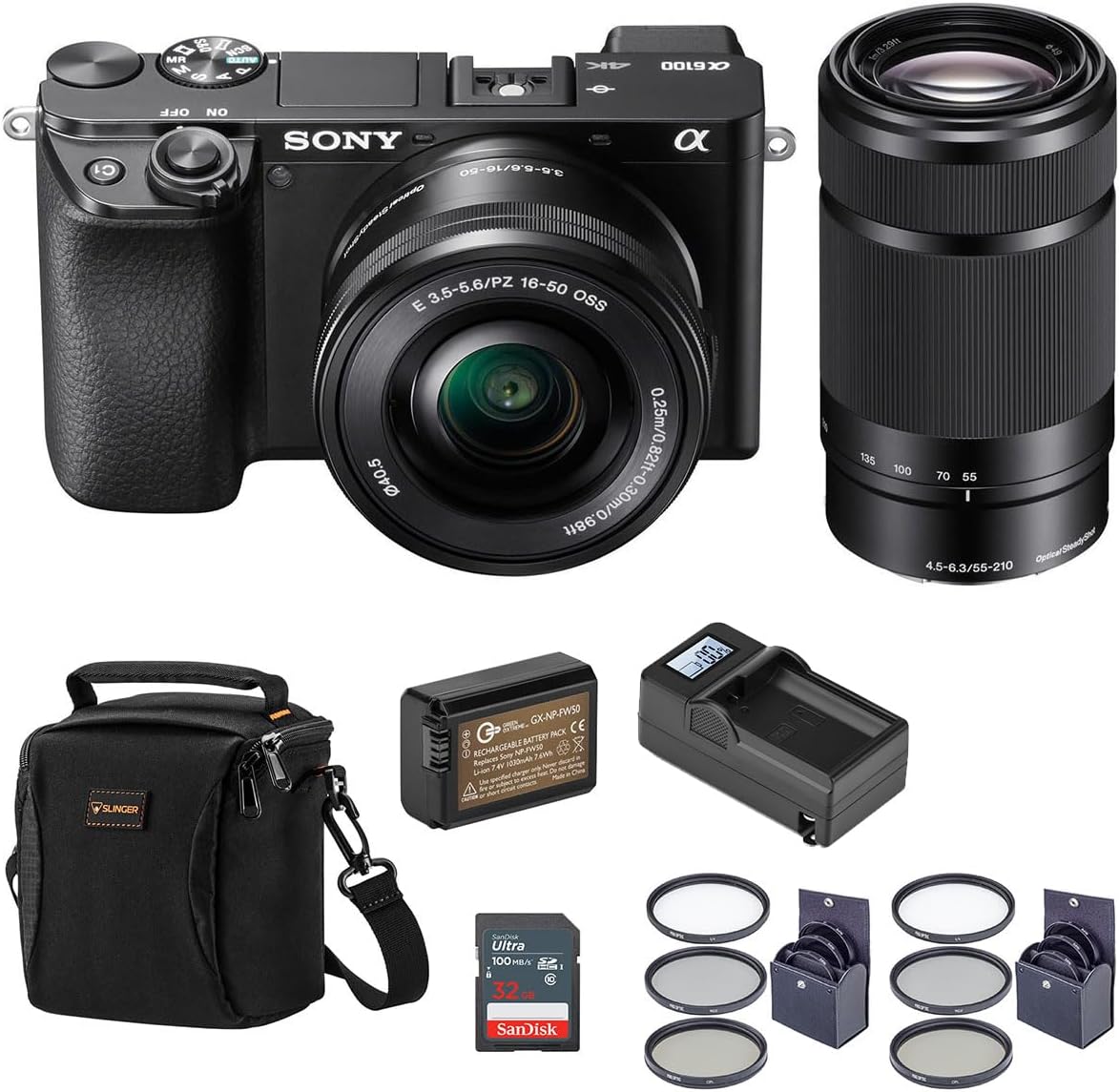 Sony Alpha A6100 Mirrorless Digital Camera, with 16-50mm and 55-210mm Lens (Black) Basic Bundle Filter Kit, Battery, Charger, Bag, 32GB SD Card