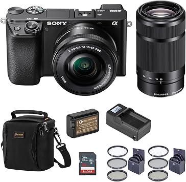 Sony Alpha A6100 Mirrorless Digital Camera, with 16-50mm and 55-210mm Lens Black Basic Bundle Filter Kit, Battery, Charger, Bag, 32GB SD Card