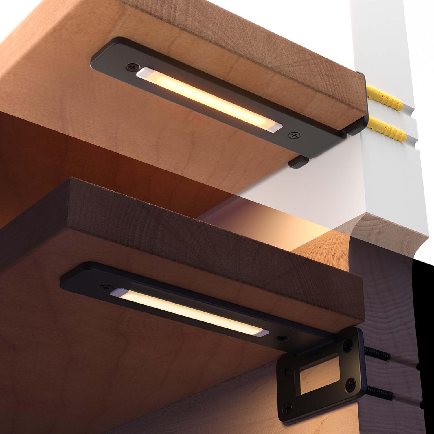 LEOPO Openwork 12 Inch 6-Pack Heavy-Duty Shelf Brackets, 1/5'' Thick Carbon Steel, Built-in LED Lights (3000K Warm White with Remote), 180LBS Load Capacity for Kitchen, Bookshelf, Display Case